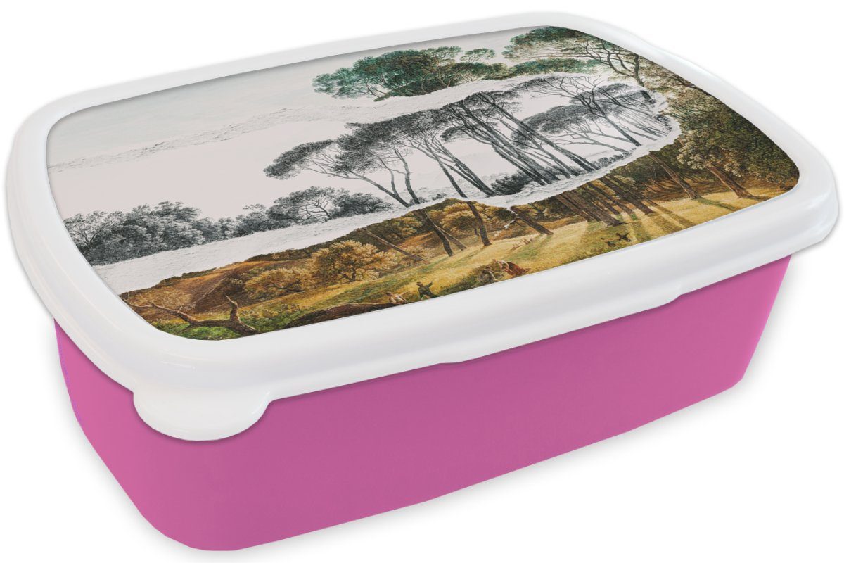 MuchoWow Lunchbox Italienische Landschaft Schirmkiefern Kunststoff, Hendrik Brotbox Kunststoff Kinder, Kunst Erwachsene, Mädchen, - Brotdose (2-tlg), Snackbox, -, Voogd rosa - für