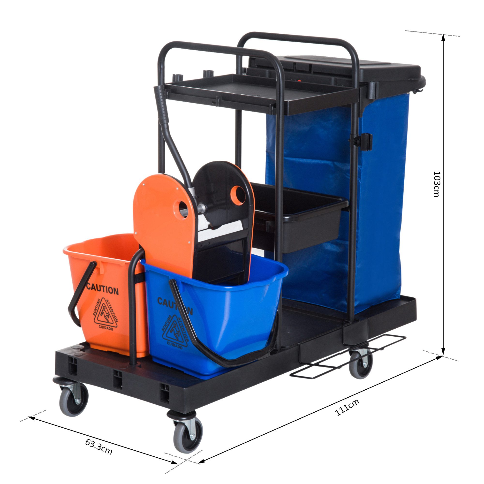 HOMCOM Putzeimer Reinigungswagen mit 3 Ebenen, 2x18L Eimer, Abfallsack, (Wischwagen, 1-tlg., Putzwagen), Schwarz+Blau+Orange 111 × 63,3 × 103 cm – Bild 3 von 5