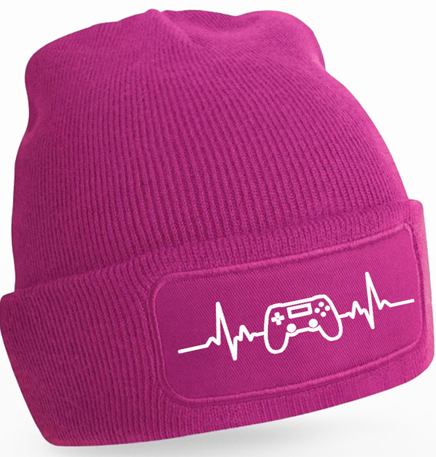 MyDesign24 Strickmütze für kalte Tage - Beanie mit Umschlag und Herzschlag Gamer Print Gaming Mütze Wintermütze für Männer, Frauen, Jungen und Mädchen i599