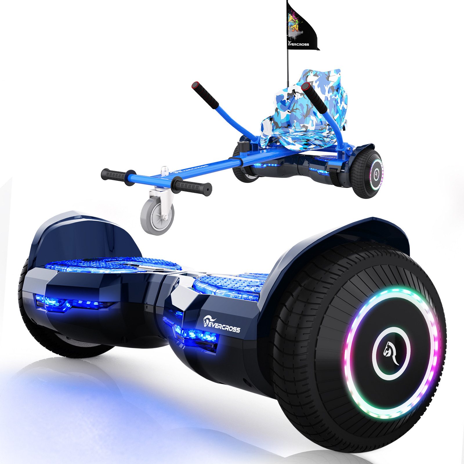 EVERCROSS TECH Balance Scooter Kart 6,5“ Hoverboard mit Sitz, EV2+ Hoverkart, bis zu 10-15 km, mit APP, Bluetooth, Geschenke für Kinder