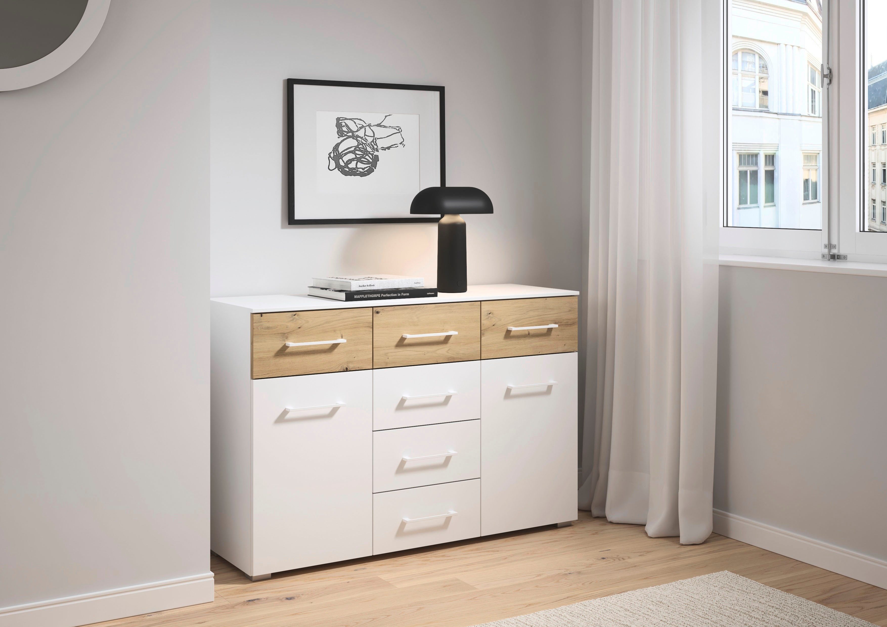 rauch Kombikommode Sideboard Kommode Schubladenkommode Türenkommode BOSTON-EXTRA (B/H/T: 120/81/42 cm), mit 6 geräumigen Schubladen, Einlegeböden verstellbar MADE IN GERMANY