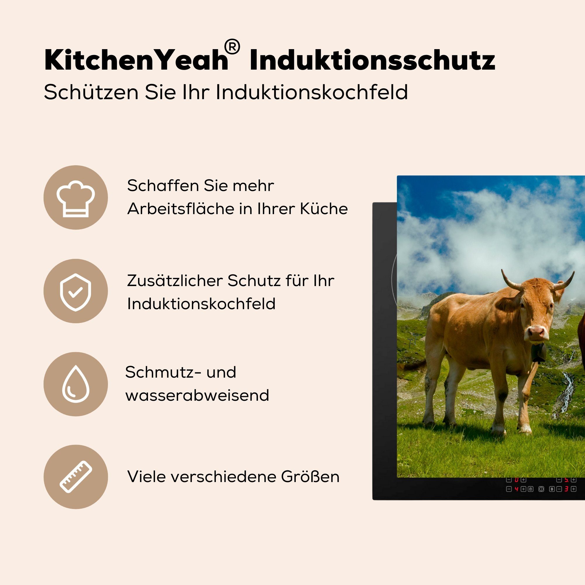 MuchoWow Herdblende-/Abdeckplatte Alpen - Kühe cm, (1 Ceranfeldabdeckung, Gras, 78x78 für küche Vinyl, tlg), - Arbeitsplatte