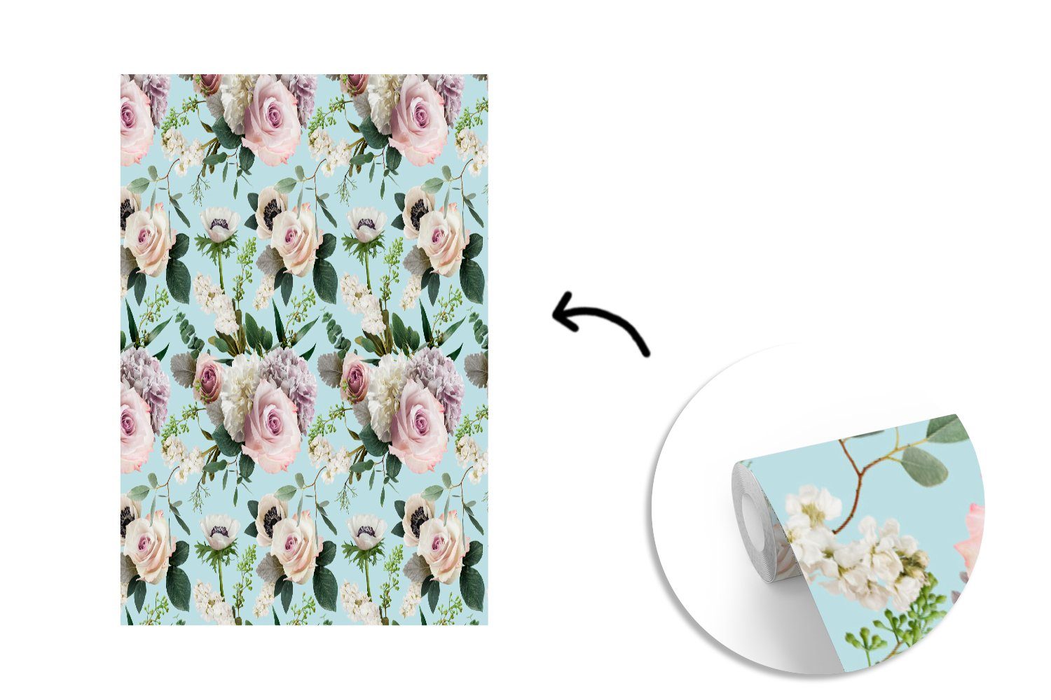 Montagefertig Pastell, Wohnzimmer, bedruckt, für Matt, Rosen Tapete Wandtapete St), Vinyl - (3 - MuchoWow Blumen Fototapete