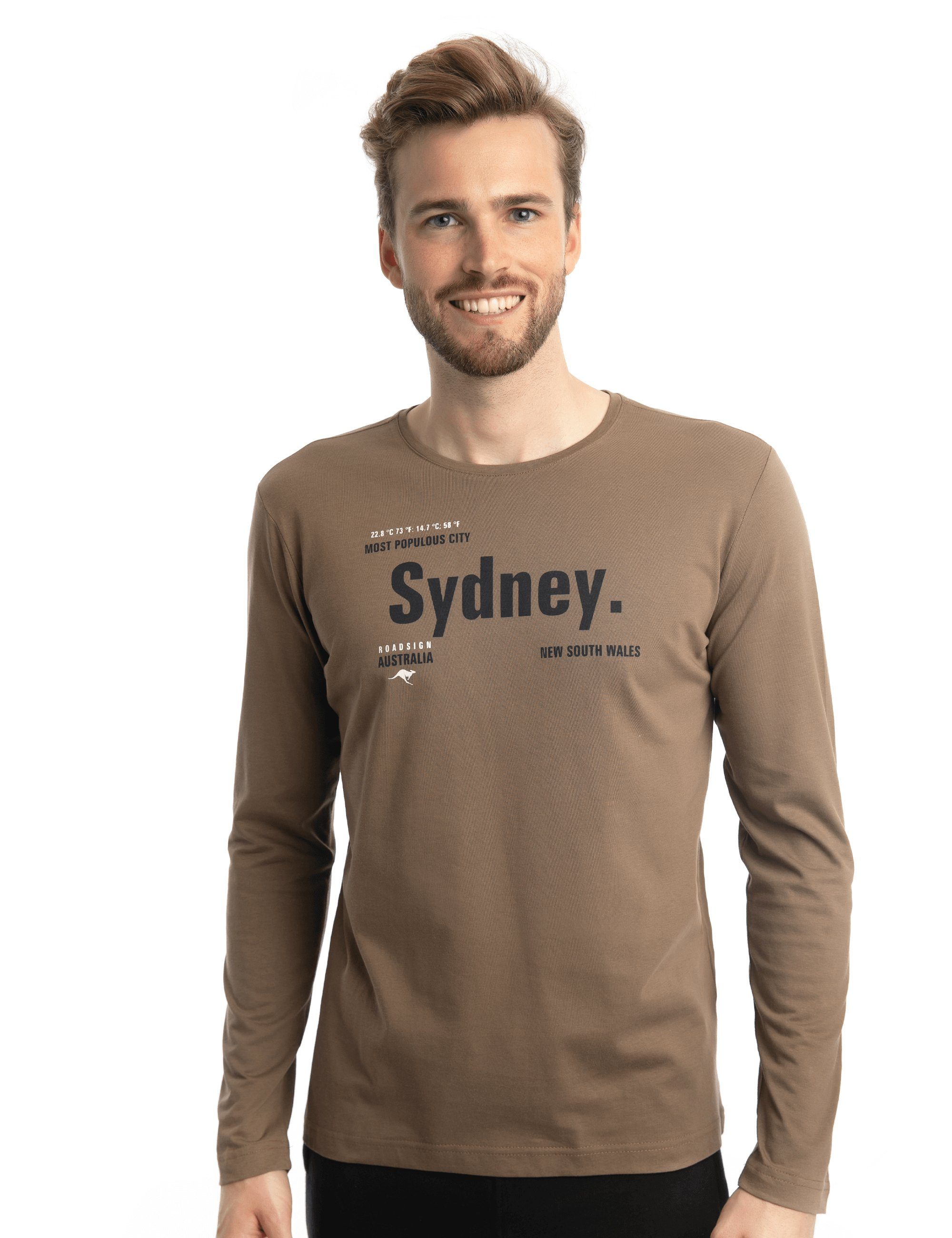 ROADSIGN australia Langarmshirt mit Braun Wales Aufdruck, Rundhalsausschnitt, 1-tlg) Baumwolle (1, 100