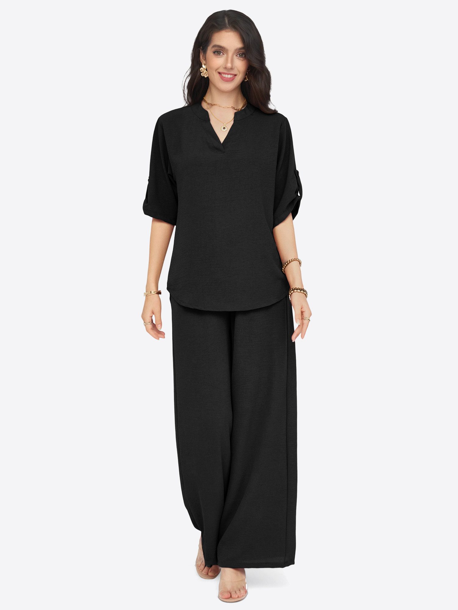 Imily Bela Hausanzug Damen 2-teiliges Freizeit-Set mit Roll-up-Ärmeln und Palazzohose (Set, 2 tlg., Bluse + Palazzohose) in Unifarbe