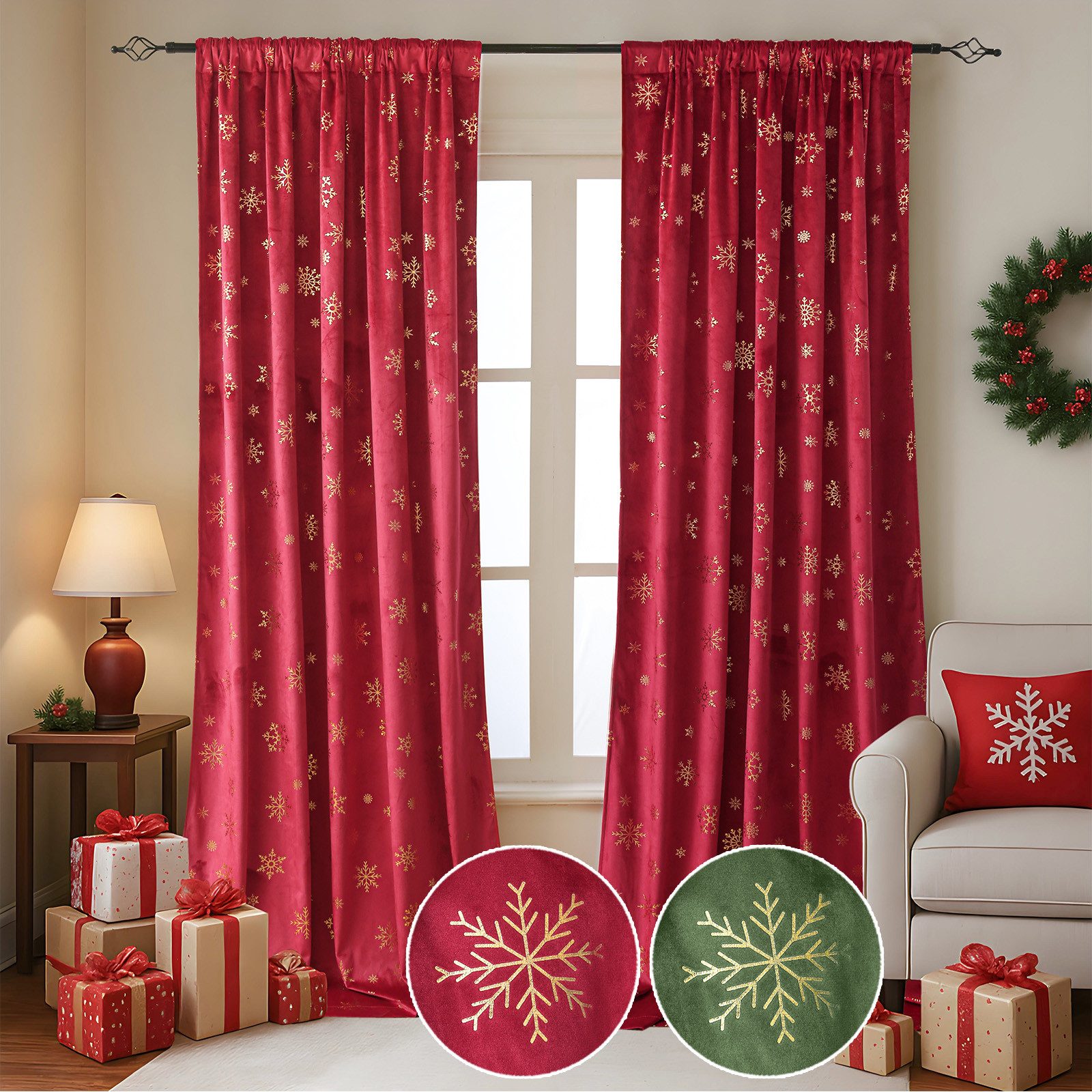 BTTO V&G Vorhang Verdunkelungsvorhang,Samt Velvet Шторы Weihnachten Schneeflocke (2 St), blickdicht, Weihnachtsvorhänge,Thermogardine mit Schneeflocken Goldfolien