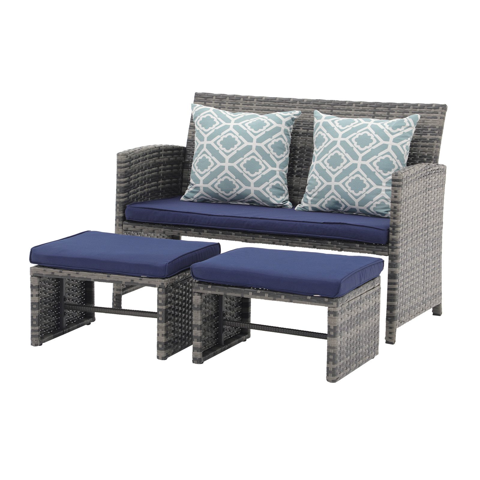 JOIVI Gartenbank Outdoor Loveseat (3-tlg Terrassenmöbel-Set, Allwetter Rattan Gartenbank mit 2 Hocker), Grau Rattan&Grau Kissen