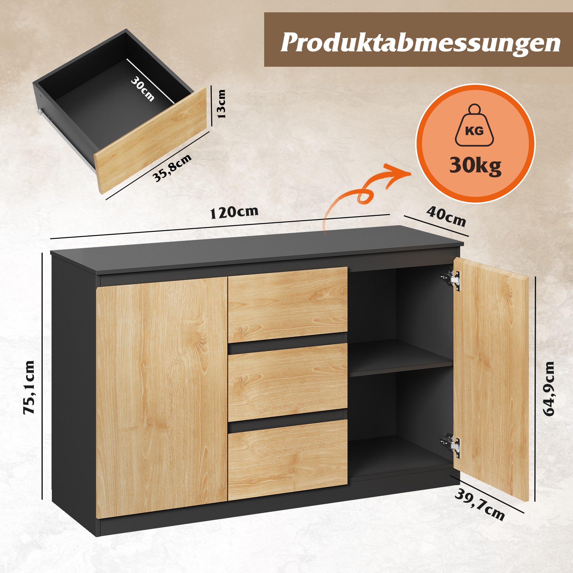 WLIVE Sideboard Kommode, Breite 80 cm, Sideboard mit 3 Schubladen & 1 Tür, günstig online kaufen