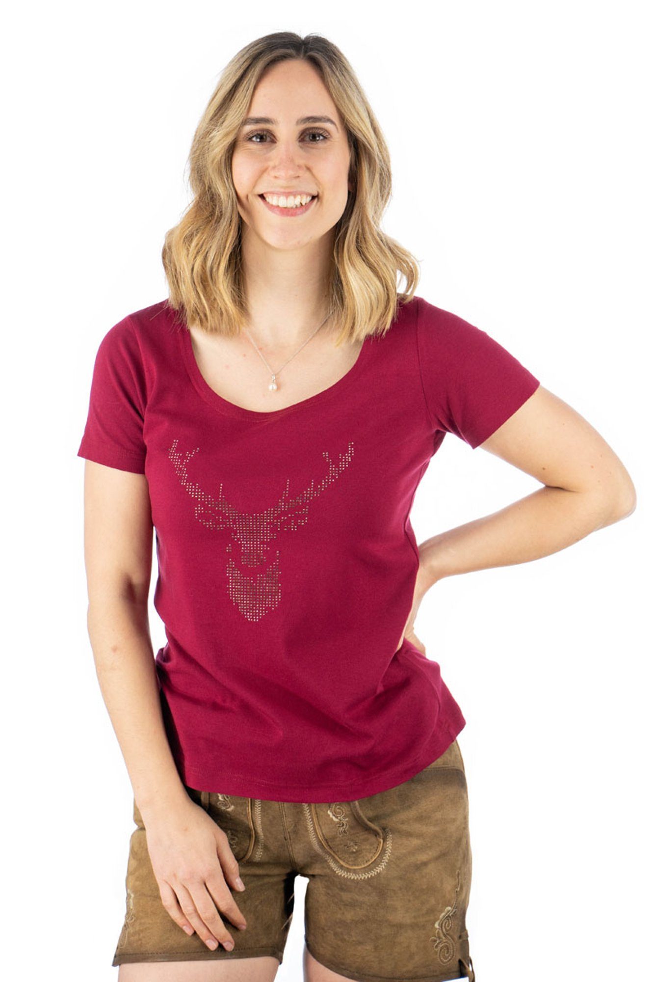 OS-Trachten Trachtenshirt Uginoy Kurzarm T-Shirt mit Strass-Hirsch auf der Brust weinrot