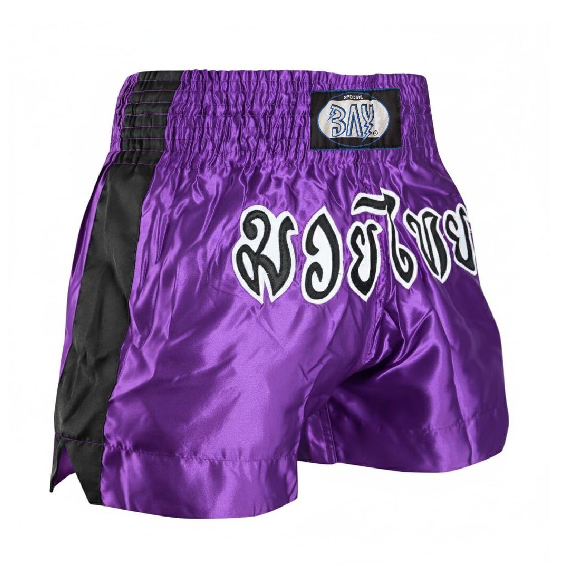 BAY-Sports Sporthose Thaiboxhose REMY Muay Thai Hose Shorts Thaiboxen MMA kurz Kickboxen kurze, leichte, locker sitzende Trainingshose, Lila/Schwarz/Weiß