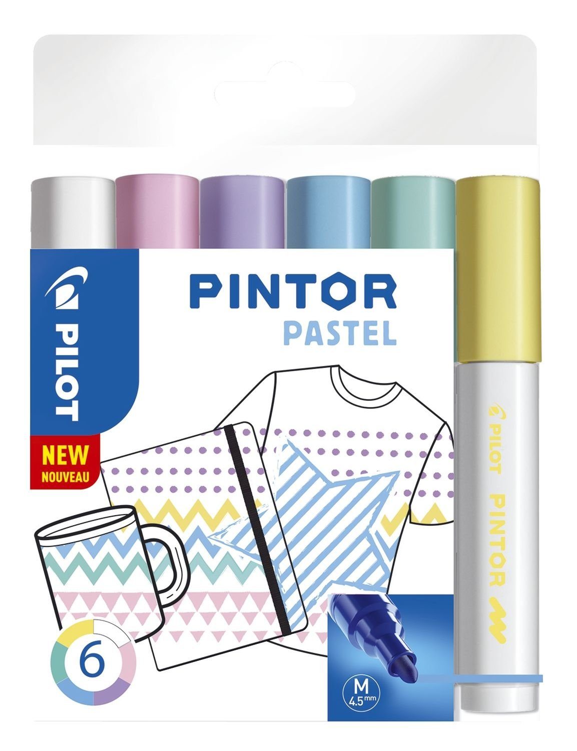 PINTOR, Pigmentmarker Set 6er medium, Tintenpatrone "PASTEL" PILOT PILOT