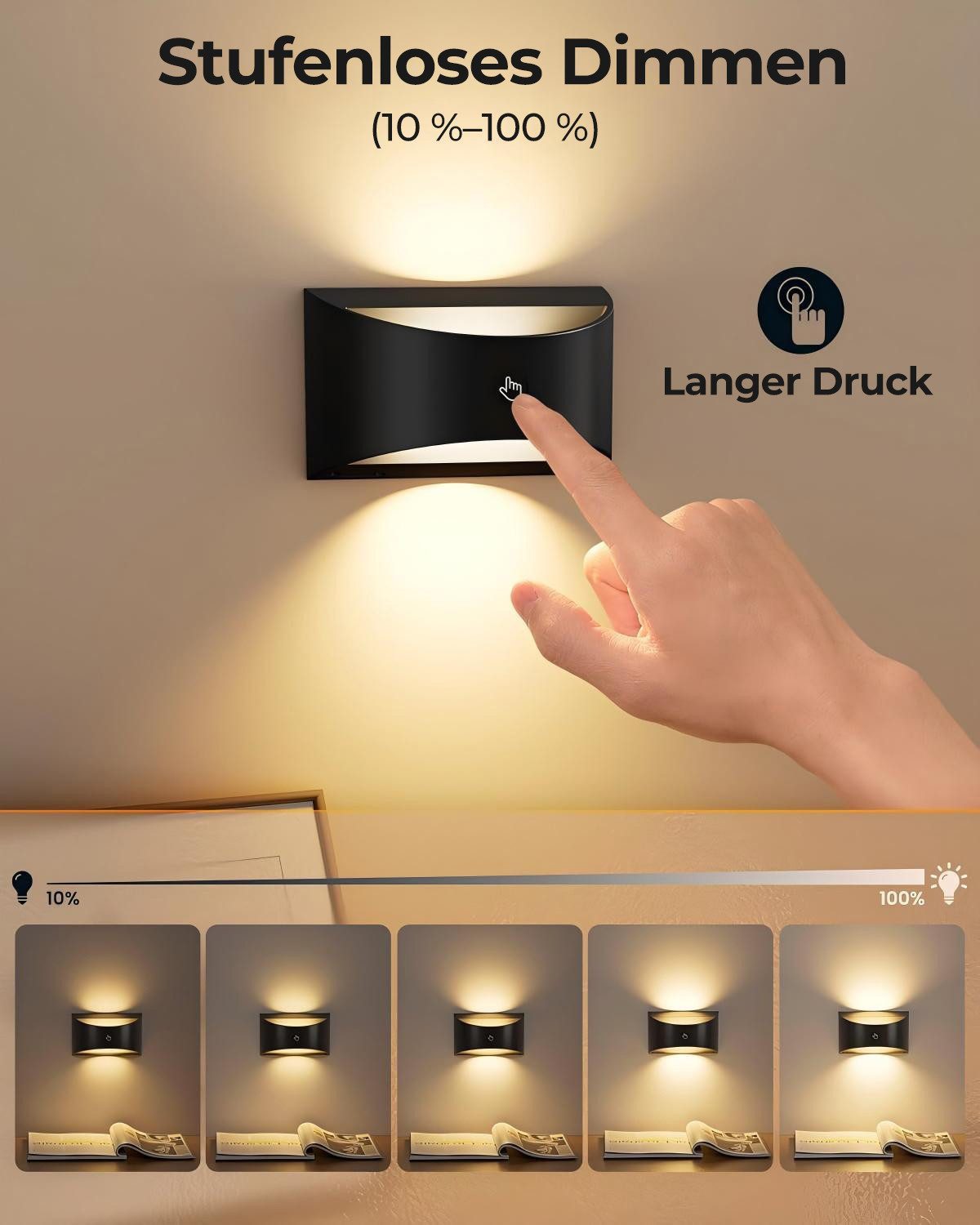 Futicare LED Wandleuchte für Innen, LED Wandleuchte kabellos magnetisch, 3 Farben dimmbar, (3000K, 4000K, 6000K),LED-Leuchtmittel fest verbaut, Akku-Lampe mit F – Bild 4 von 5