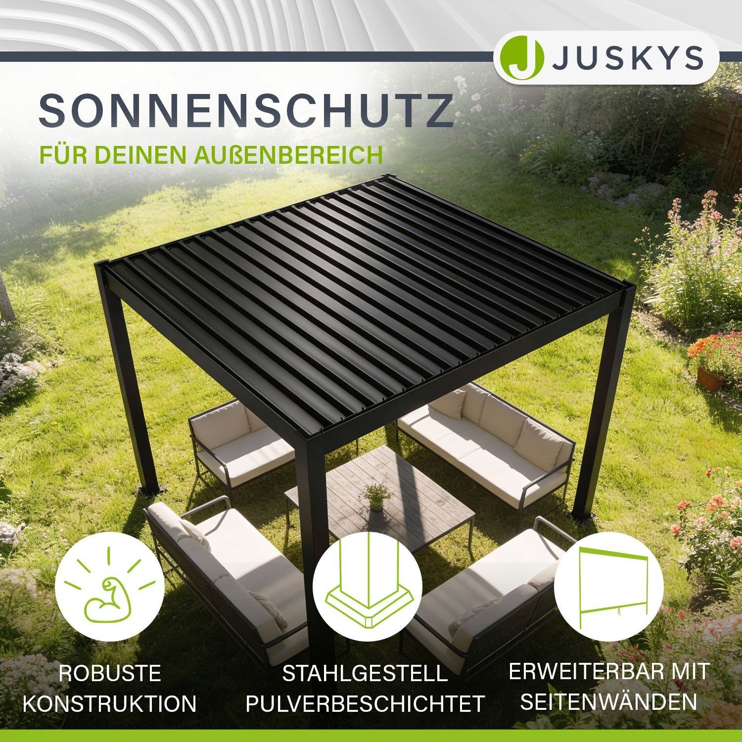 Juskys Terrassendach Tahiti, BxT: 300x300 cm, Lamellendach, Pergola für Garten, inkl. Seitenwand 3m