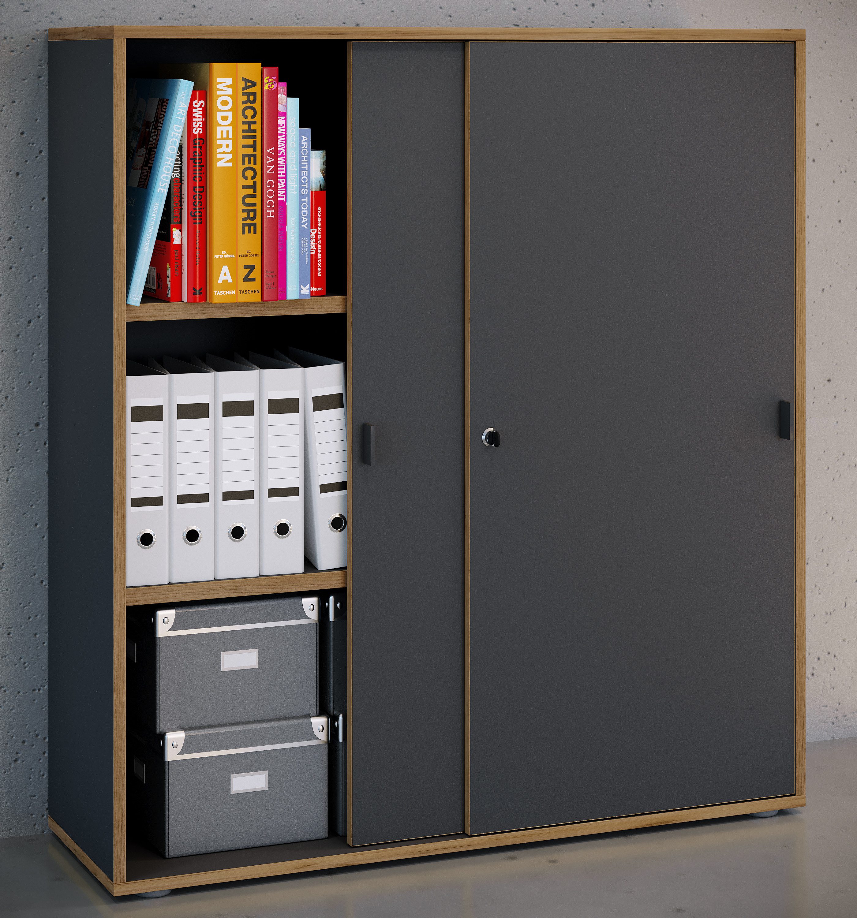 VCM Aktenschrank Büroschrank Salia mit Schiebtüren H. 110 x B. 100 mit 3 Fächern, Büromöbel