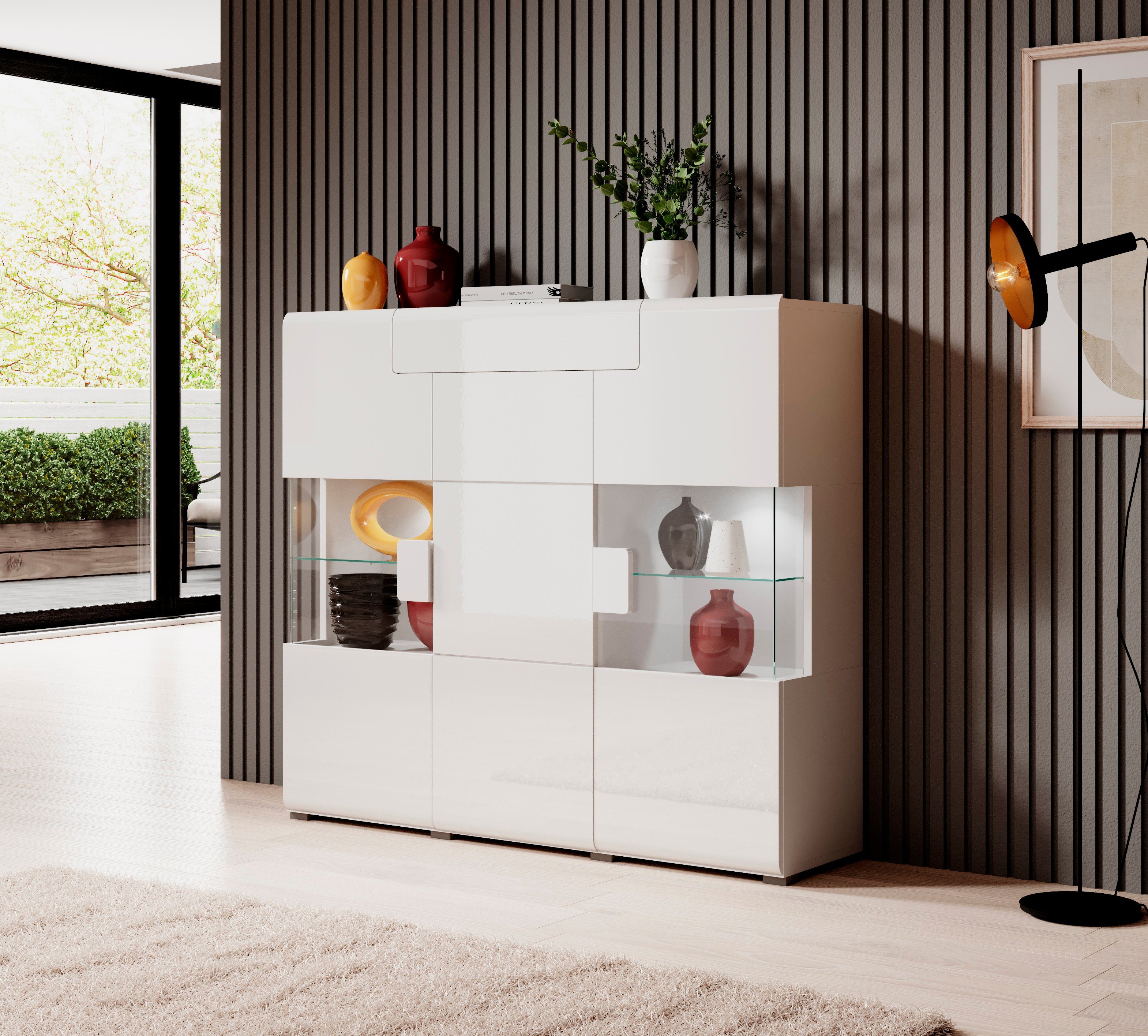 OTTO home Highboard Toledo,Breite 147,5cm,trendige Hochkommode mit 3Türen und Schublade, Hochschrank mit Glas-Partien,stylische Hochglanzfronten
