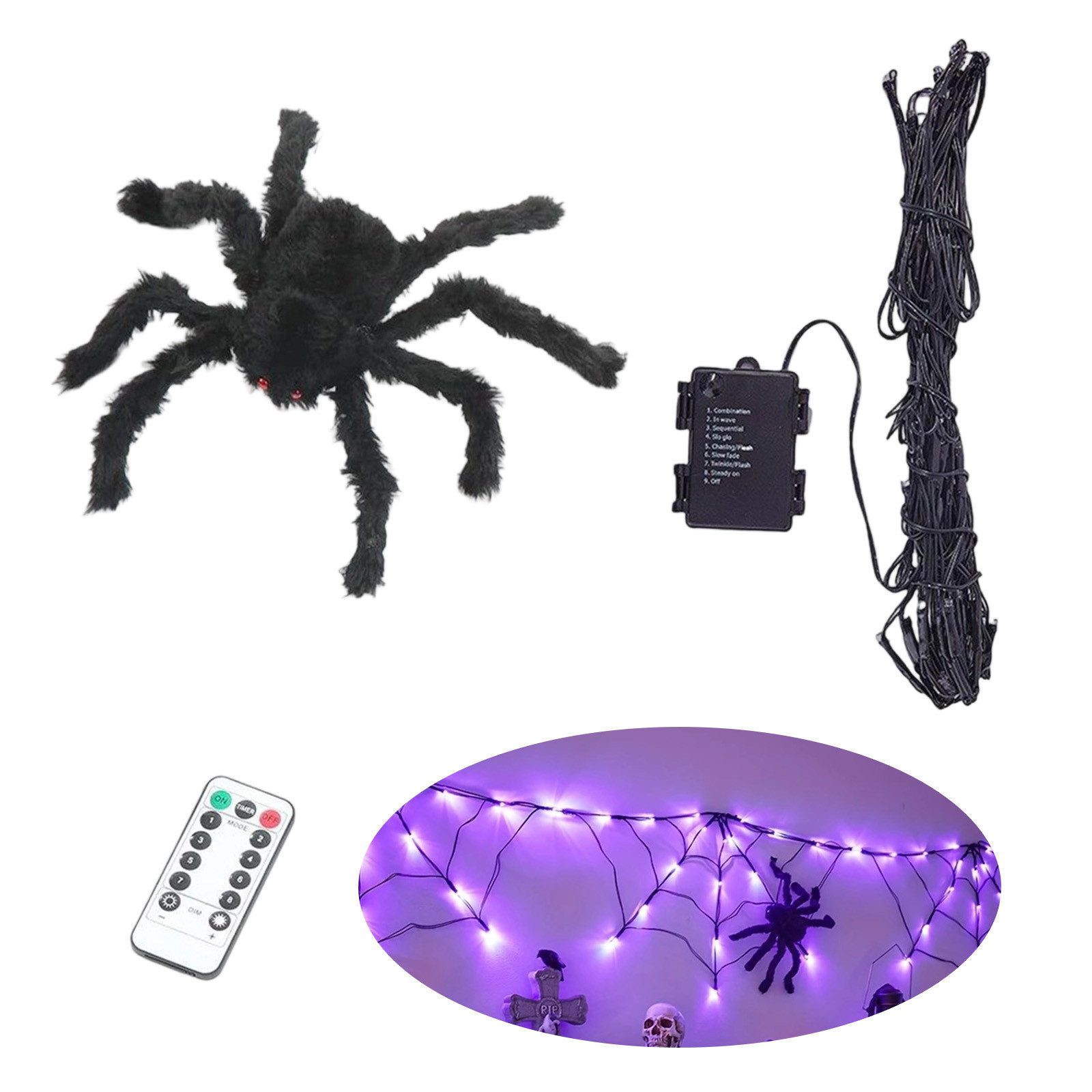 OKWISH LED-Lichterkette Spinnennetz Lichterkette Stimmungslichter LED-Dekolichter, mit Spinne LED Deko Beleuchtung mit Fernbedienung 8 Modi