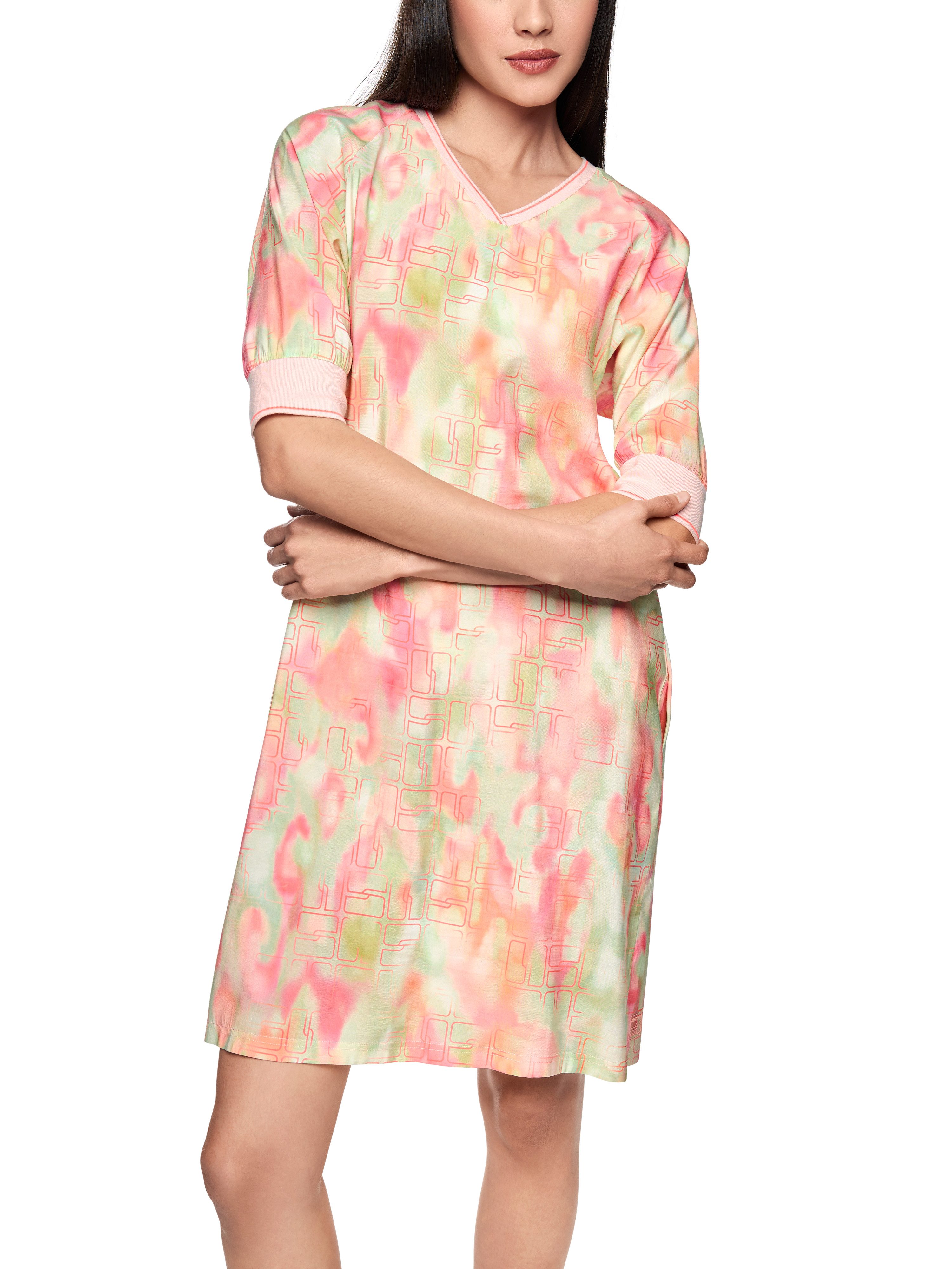 Marc Cain Midikleid Mindful Moving Premium Damenmode mit Print, Sommerkleid, V-Ausschnitt, locker geschnitten