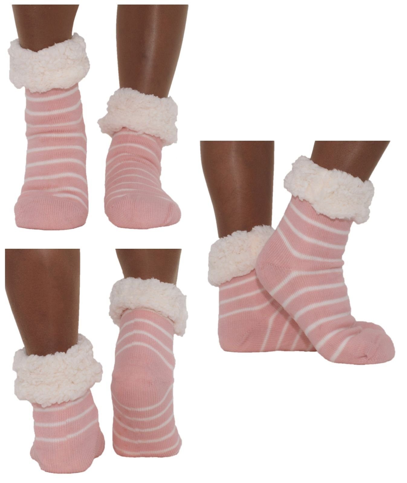 Antonio Haussocken Hüttensocken Haussocken Hüttenschuhe Rosa Weiß ABS Teddy Art: Rosa - Rosa - Streifen