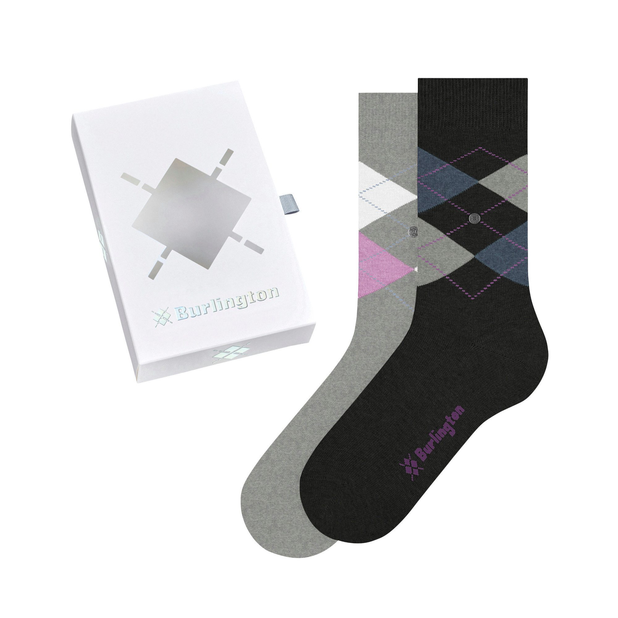 Burlington Socken Basic Gift Box (2 Paar) Gift-Box, Argyle-Design, Burlington-Clip, Einheitsgröße 36-41