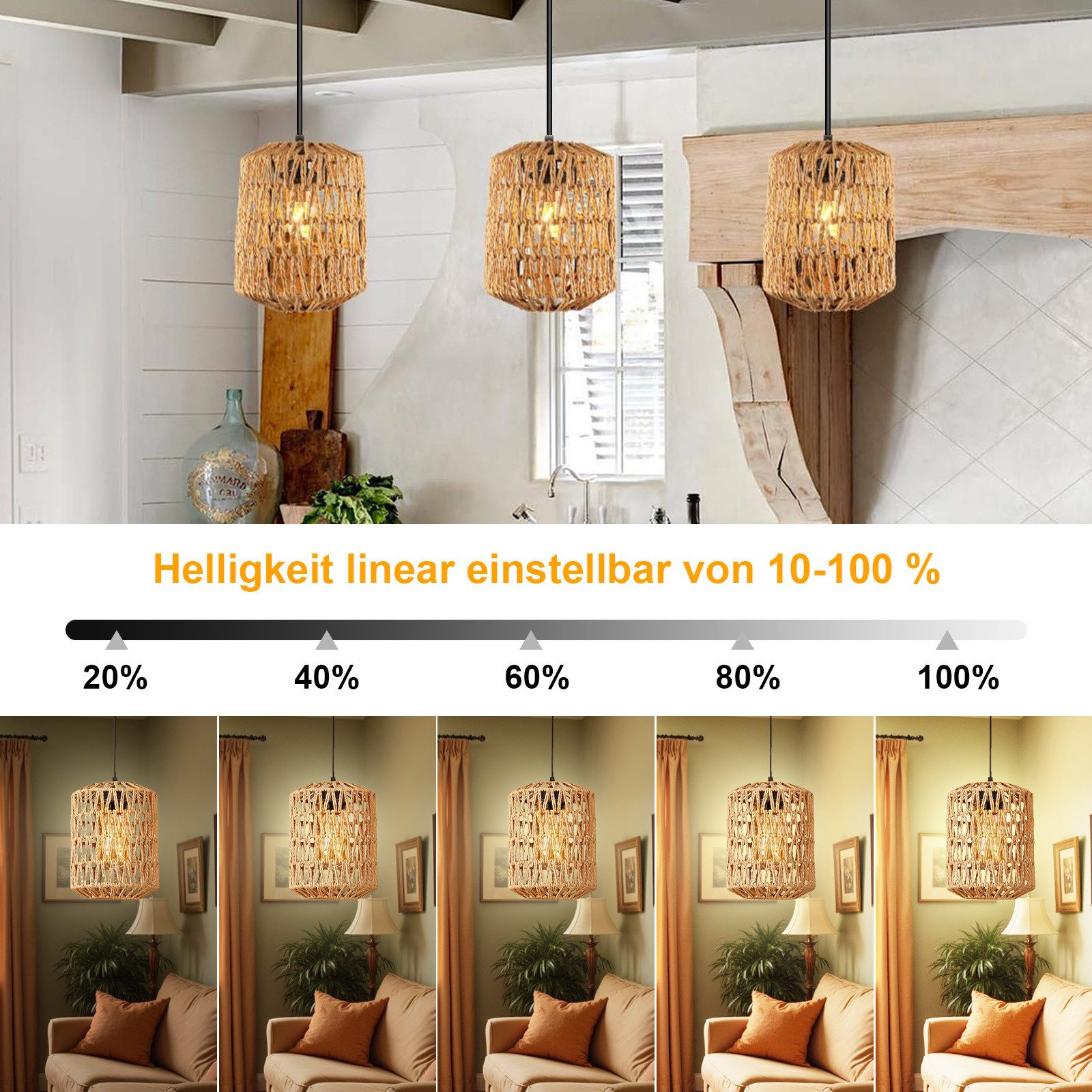 LMaxhome Pendelleuchte LED-Hängeleuchte Dimmbar Rattan Optik günstig online kaufen