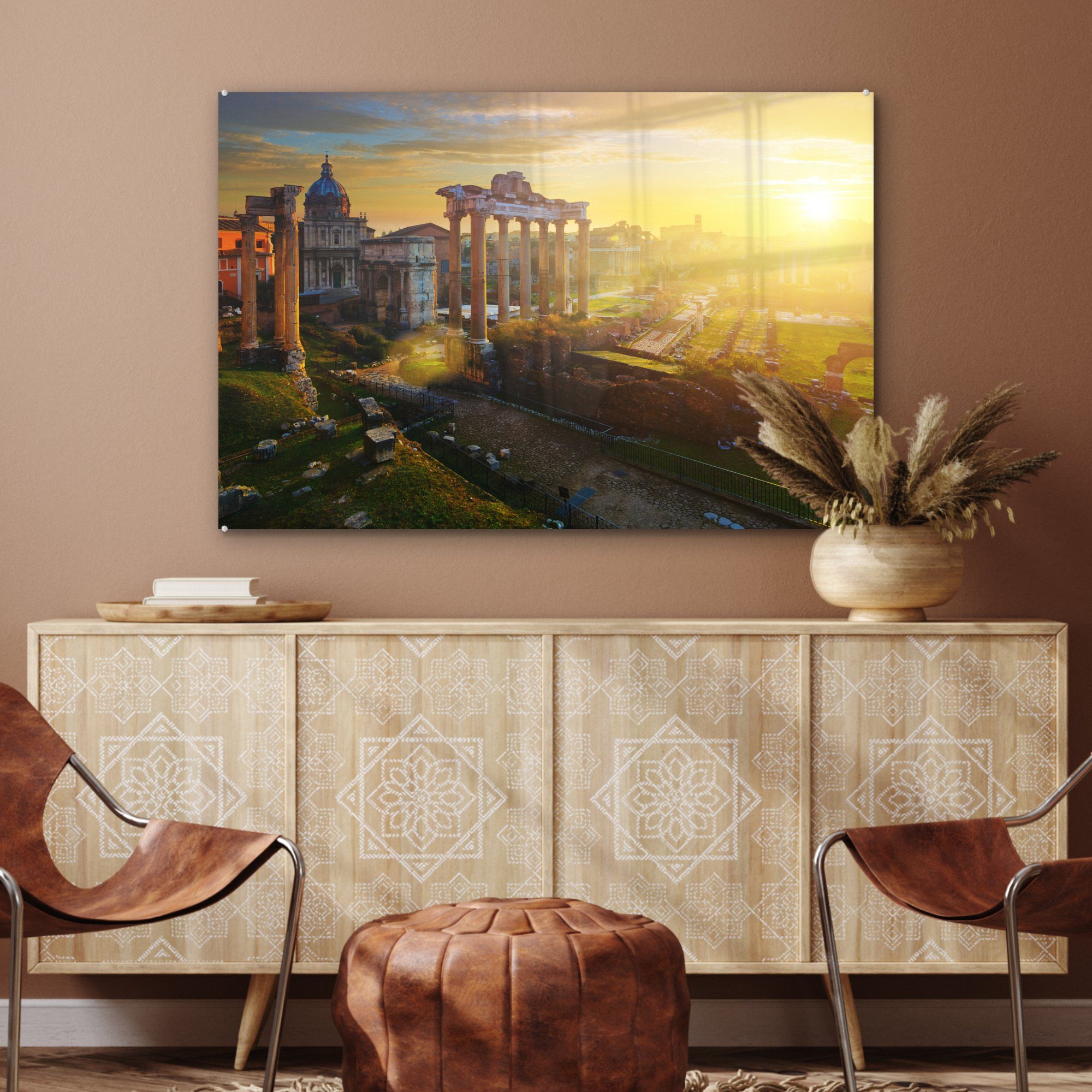 Wohnzimmer Triumphbögen am Acrylglasbilder Vespasian St), Tempel Sonne von MuchoWow Acrylglasbild Von beleuchtete (1 und, Schlafzimmer der &