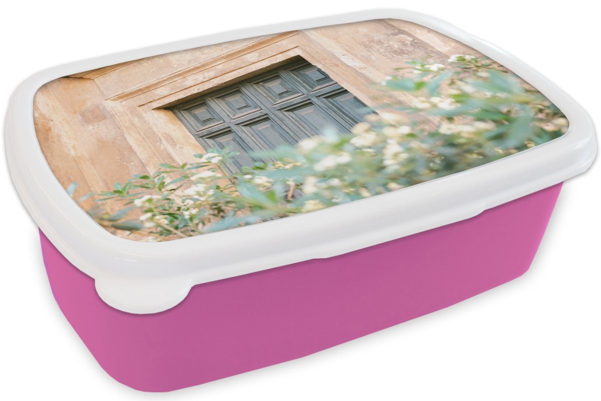 MuchoWow Lunchbox Mädchen, Tür Kinder, Blumen Snackbox, Brotbox rosa - Kunststoff, Architektur (2-tlg), - Grün Brotdose für Kunststoff - Vintage, - Erwachsene