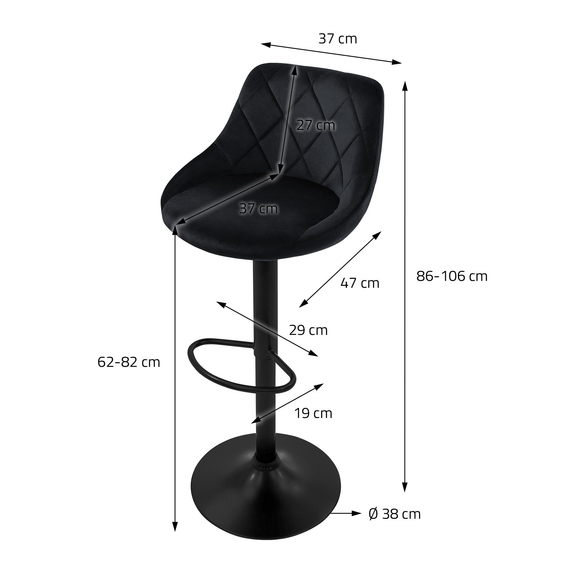 Fußstütze Bistrohocker Barstuhl Tresenhocker mit Set Samt Barstühle, Hocker Gepolstert Schwarz Drehstuhl ML-DESIGN höhenverstellbar drehbar 2er Barhocker