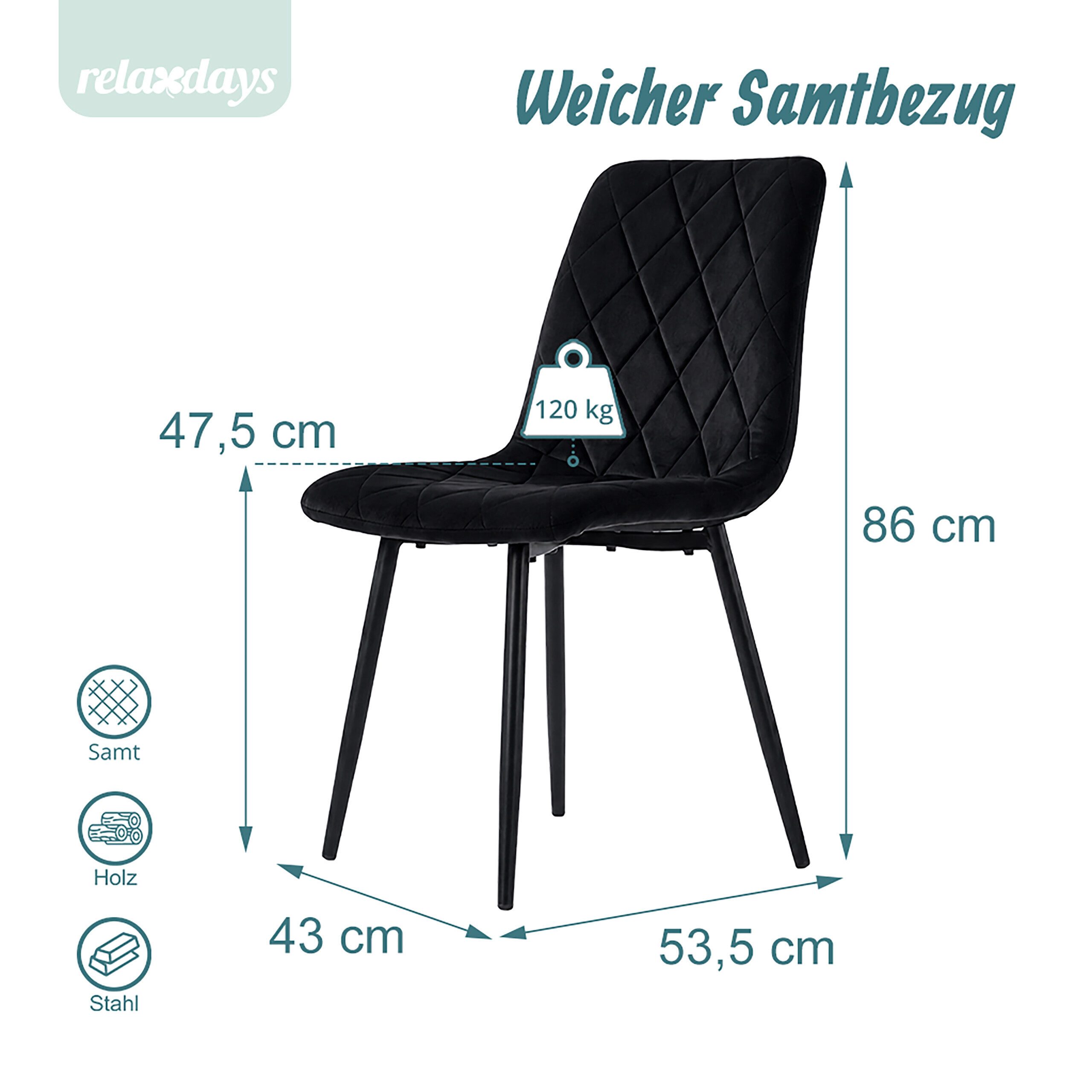 relaxdays Esszimmerstuhl Samt Esszimmerstuhl Set (4 St), schwarz, 4er-Pack – Bild 4 von 5