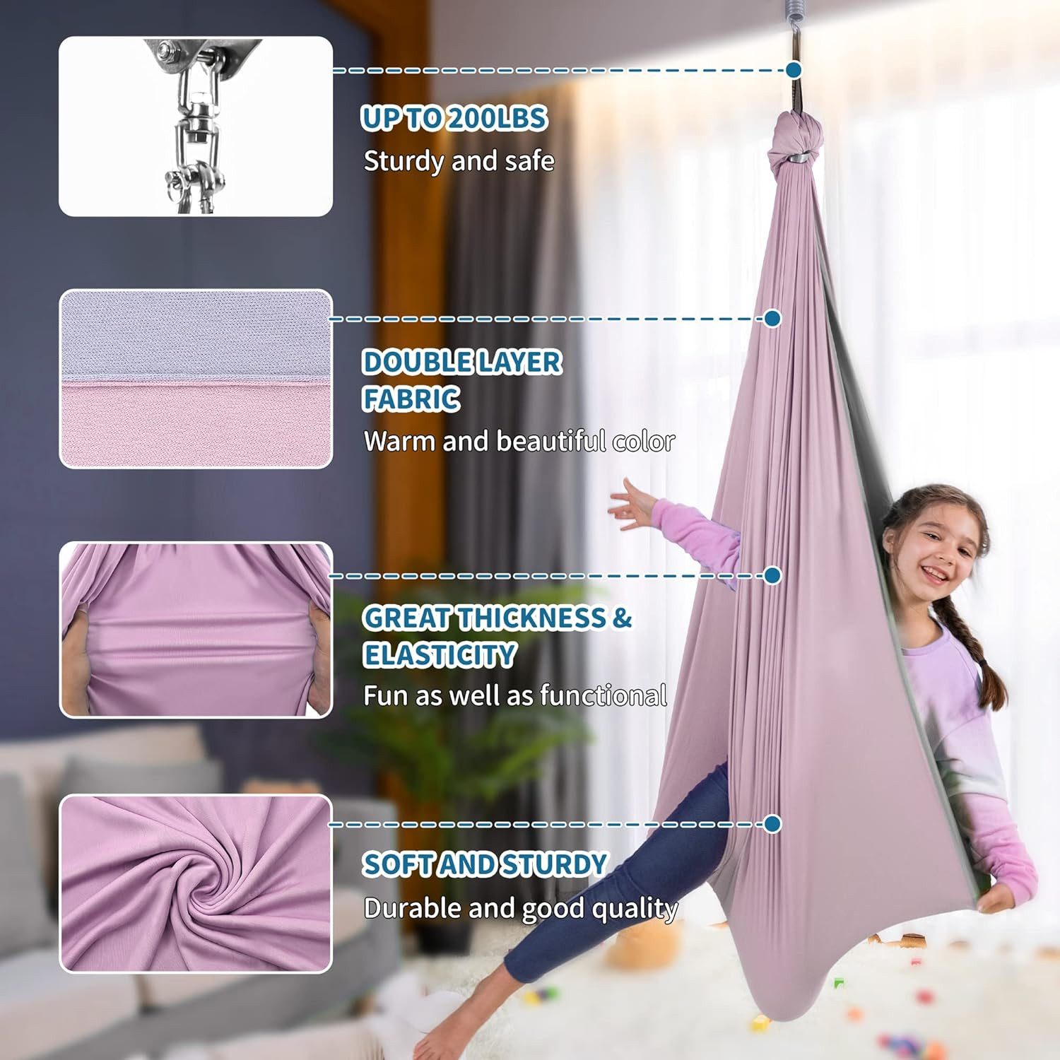 feinlux Hängematte Sensorische Schaukel für Kinder mit 360° drehbarem Aufhänger (Packung, Indoor-Therapieschaukel), für Autismus, ADHS und sensorische Verarbeit – Bild 4 von 5