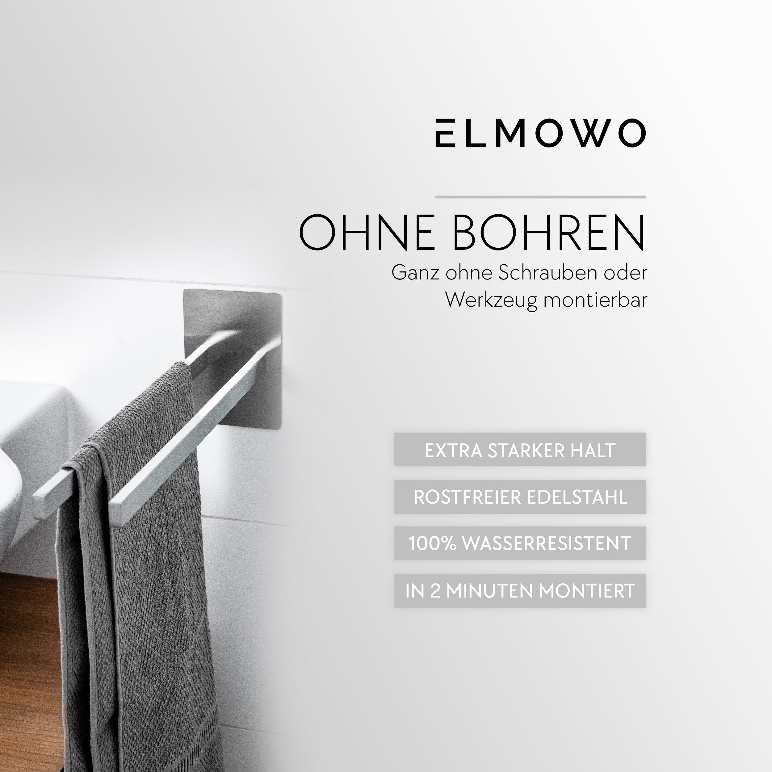 ELMOWO Doppelhandtuchhalter ohne Bohren aus Edelstahl für 2 Handtücher zur Wandmontage, Handtuchhalter zweiarmig mit 3M-Klebefläche & Spezialkleber