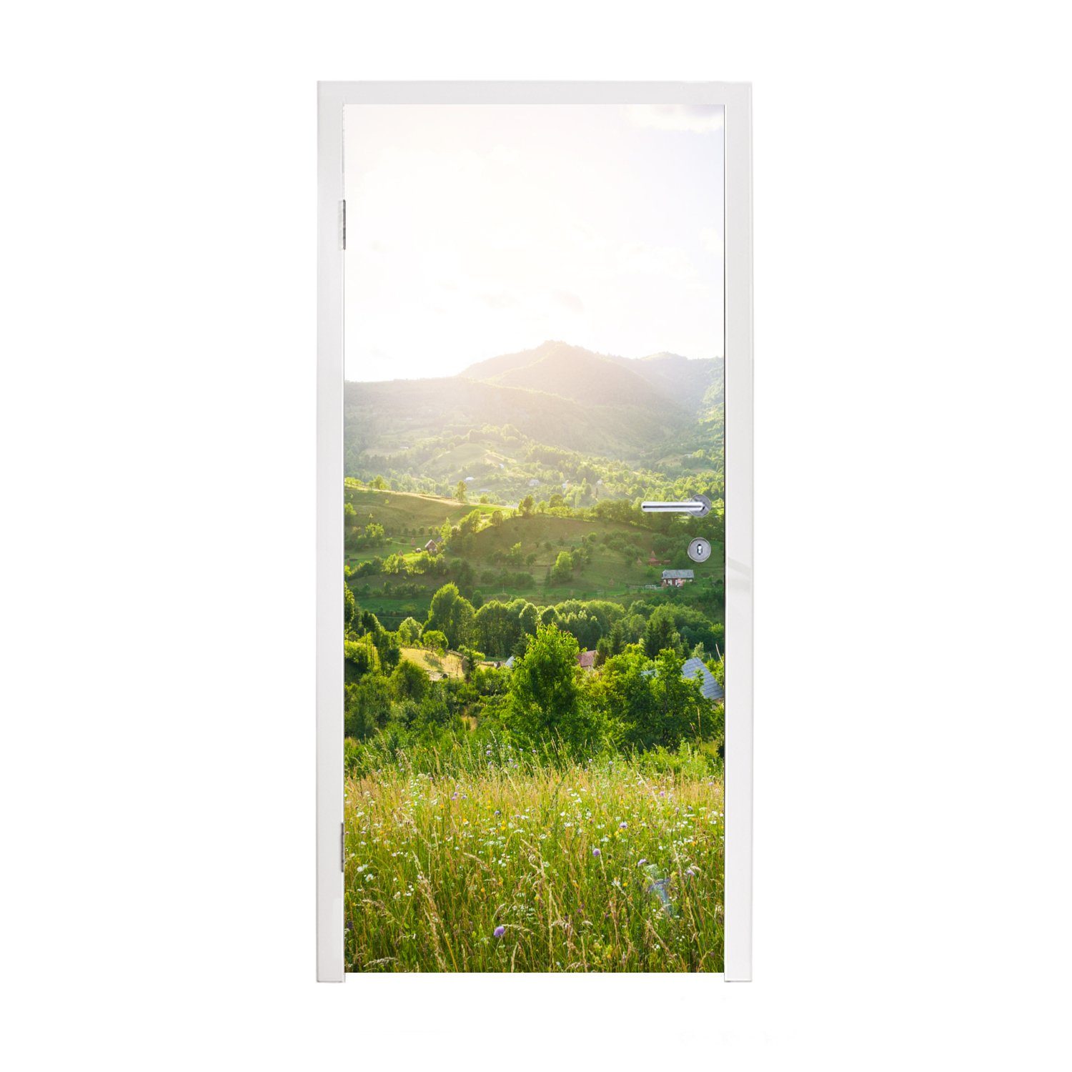 - bedruckt, Landschaft Türaufkleber, - Matt, MuchoWow für Natur - Wald - Tür, Türtapete Sonnenaufgang, Sonne cm (1 St), Fototapete 75x205