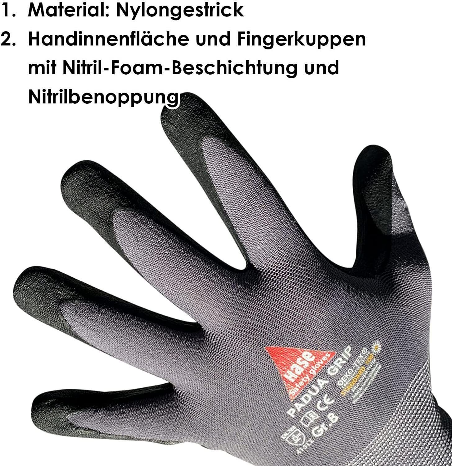 Hase Safety Gloves Arbeitshandschuhe Padua Grip (Packung, 10-St., Montagehandschuh aus Nylon/Nitrilschaum, VPE= 10 Paar, Gr 6-11) Atmungsaktiv, starker Grip