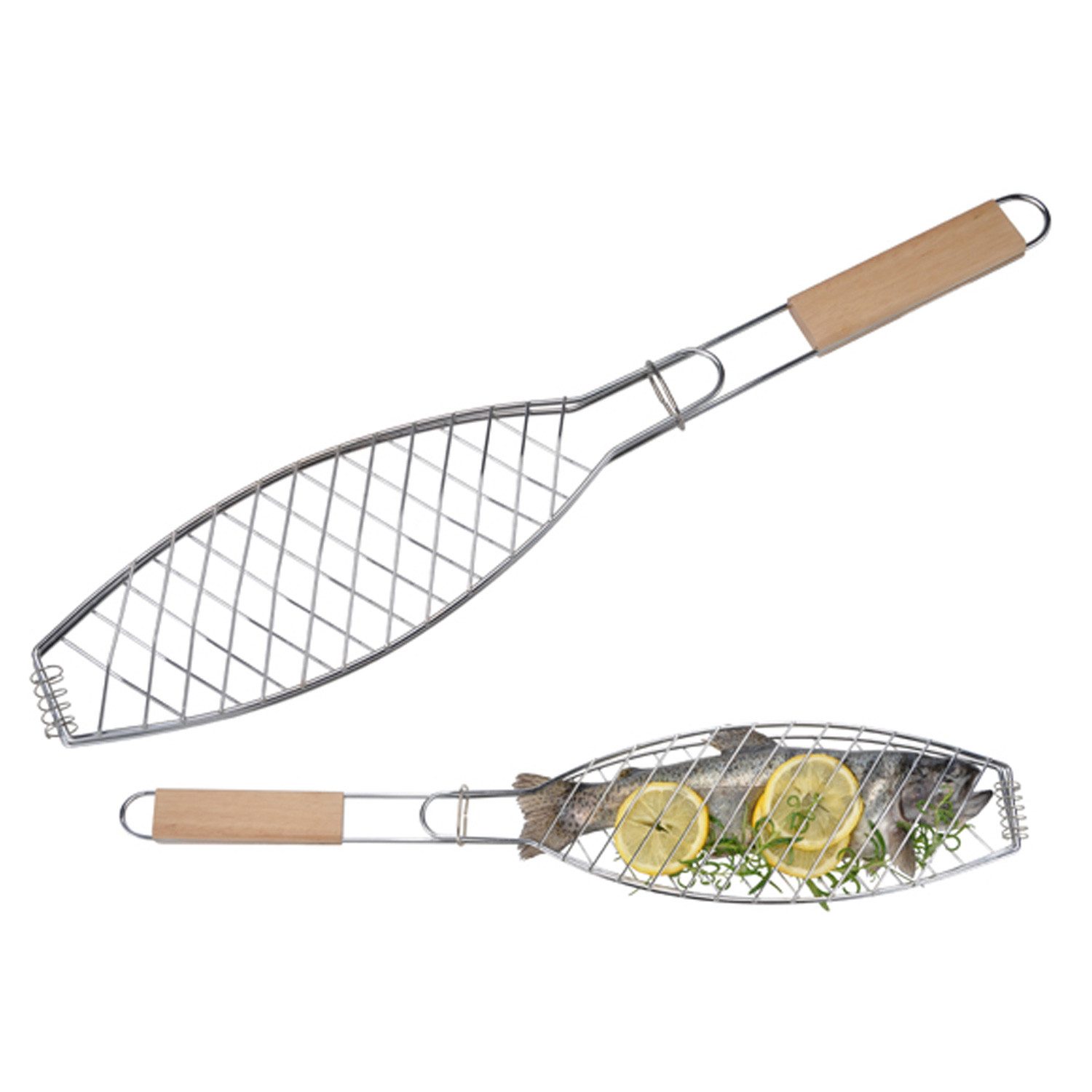 HI Grillrost Fischgitter - Fischbräter, extra lang - verchromt - mit Holzgriff