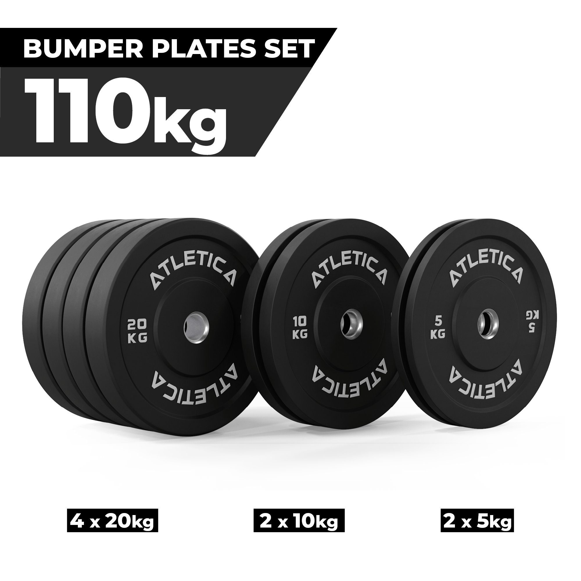 20 Hantelscheiben ∣ ∣ Set Plates ∣ 110kg bestehend 5 kg aus 2x 10 ATLETICA kg 2x Bumper kg 4x