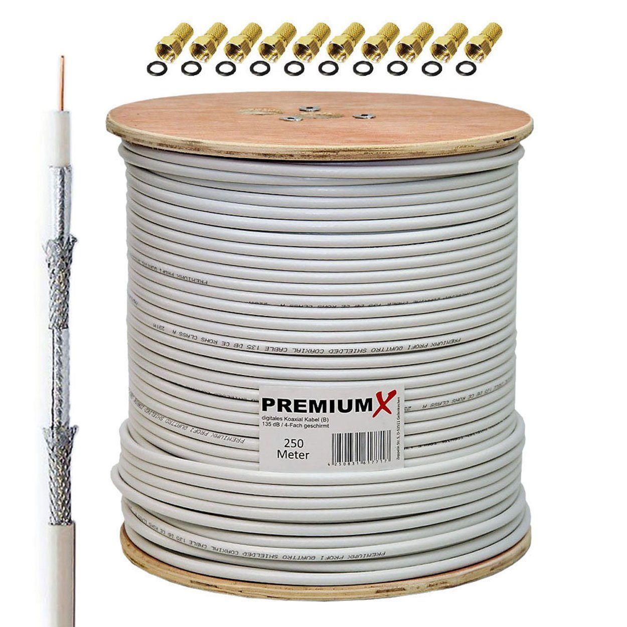 250m BASIC Koaxialkabel 135dB 4-fach SAT Koax Kabel 10x F-Stecker SAT-Kabel