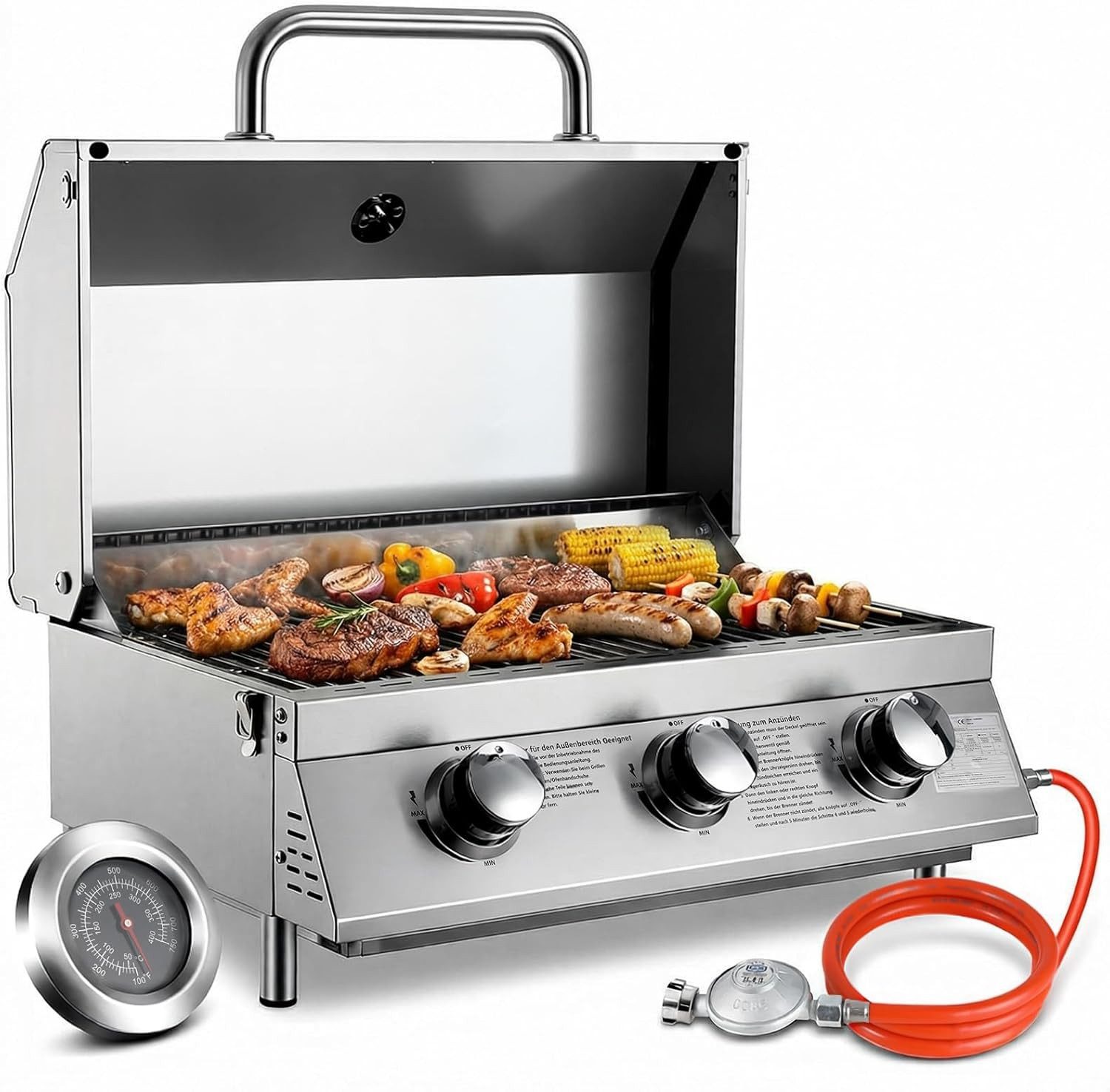 TLGREEN Camping-Gasgrill 3 Brenner Gasgrill Tragbar, Kompakter Tischgasgrill mit Emailliertem Grillrost & Thermometer, 6.6kW Camping Gasgrill für BBQ/Balkon/Garten/Außenbereich, 60x33cm Grillfläche, Schwarz/Edelstahl, 12,7kg Leichtgewicht