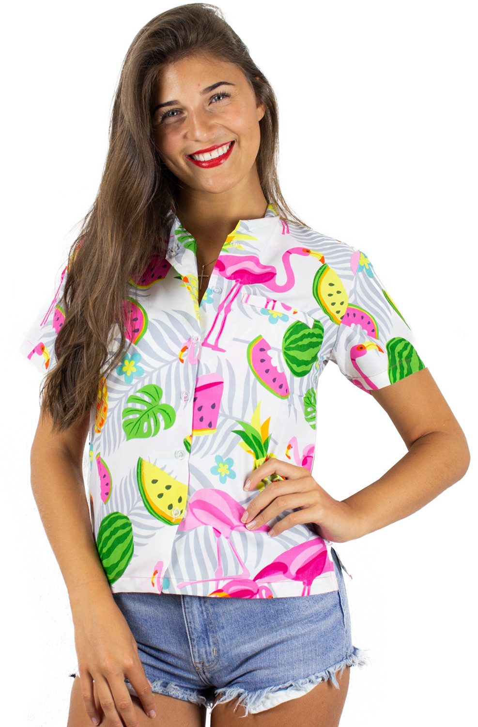 King Kameha Hawaiihemd Flamingo Melone Funky Hawaiibluse Damen Kurzarm Front-Tasche Stylish