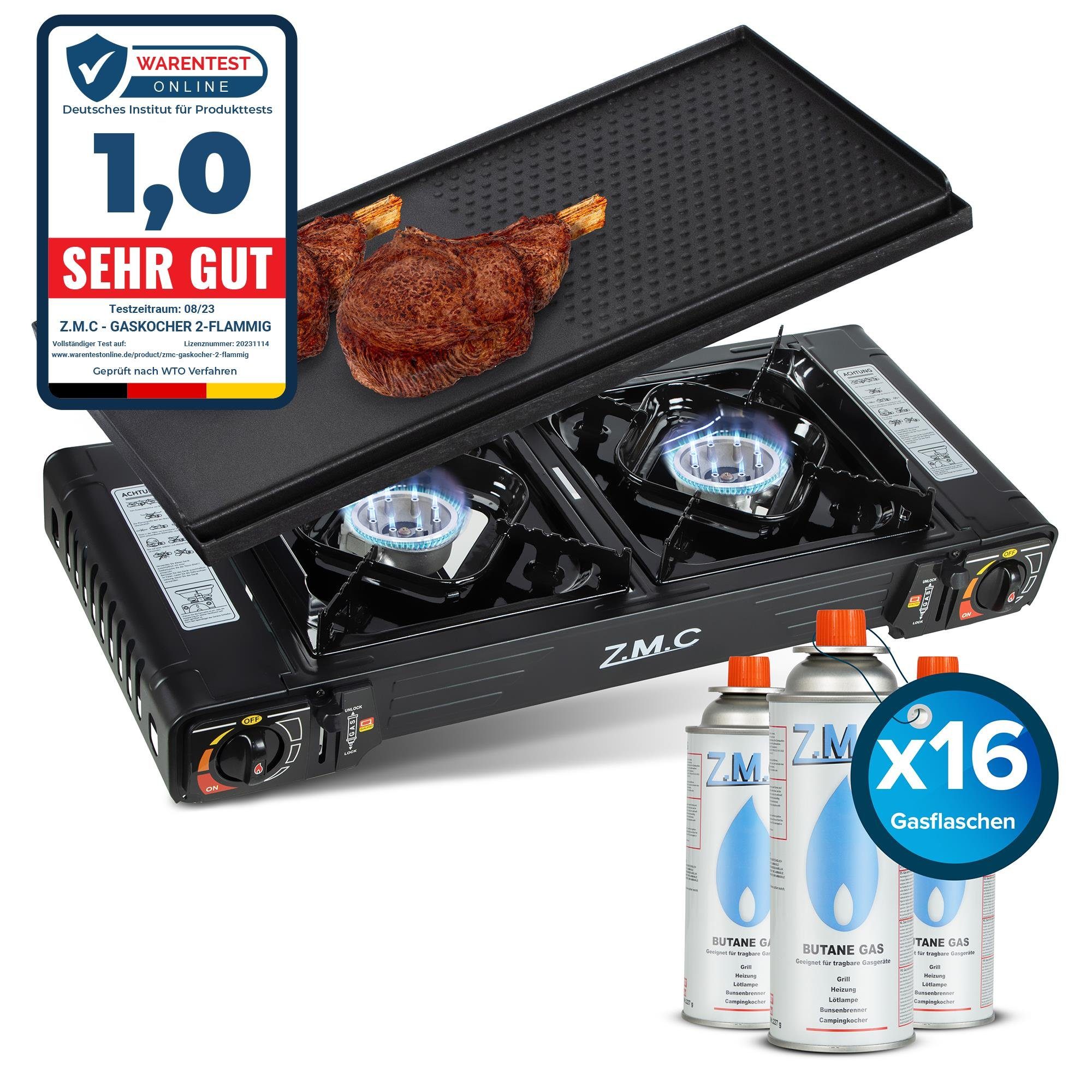 Gaskocher PREMIUM 2 flammig Campingkocher Gaskocher Grillplatte+16x Gaskartusche, (Grill Platte Tischgrill Doppel Gasbrenner Gasgrill Kochfeld mit Piezozündung Wärmeleistung: 2,0KW), Butan Gas 227g Gaskocher Outdoor Camping Gas Kocher Herd Butangas