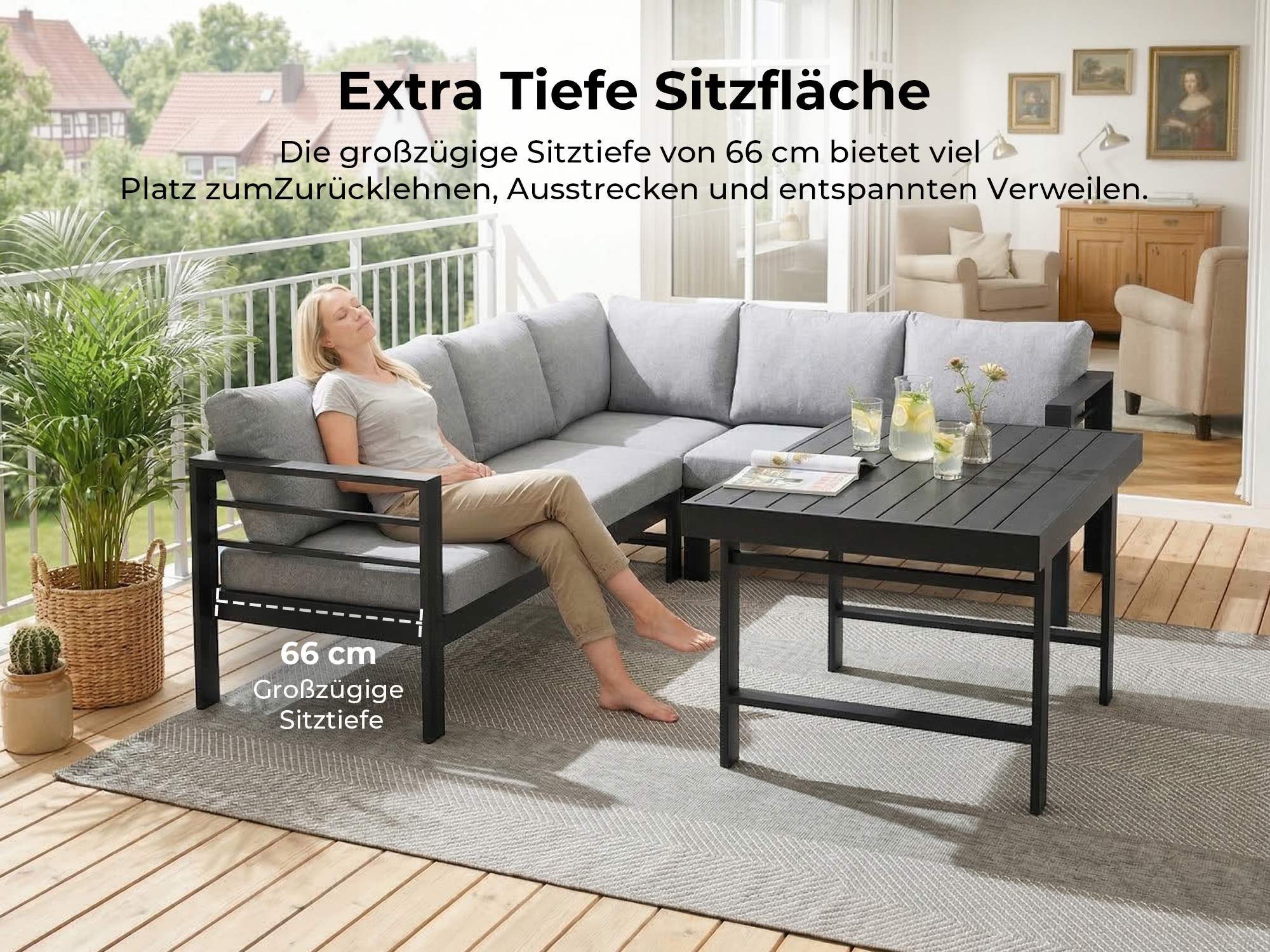 MeXo Gartenlounge-Set XXL Lounge Gartenmöbelset aus Aluminium, wetterfest, (Ecksofa mit rechter Ecke für 6-8 Personen, 5-tlg., 12/15 cm dicke Kissen, Terrassenm – Bild 5 von 5