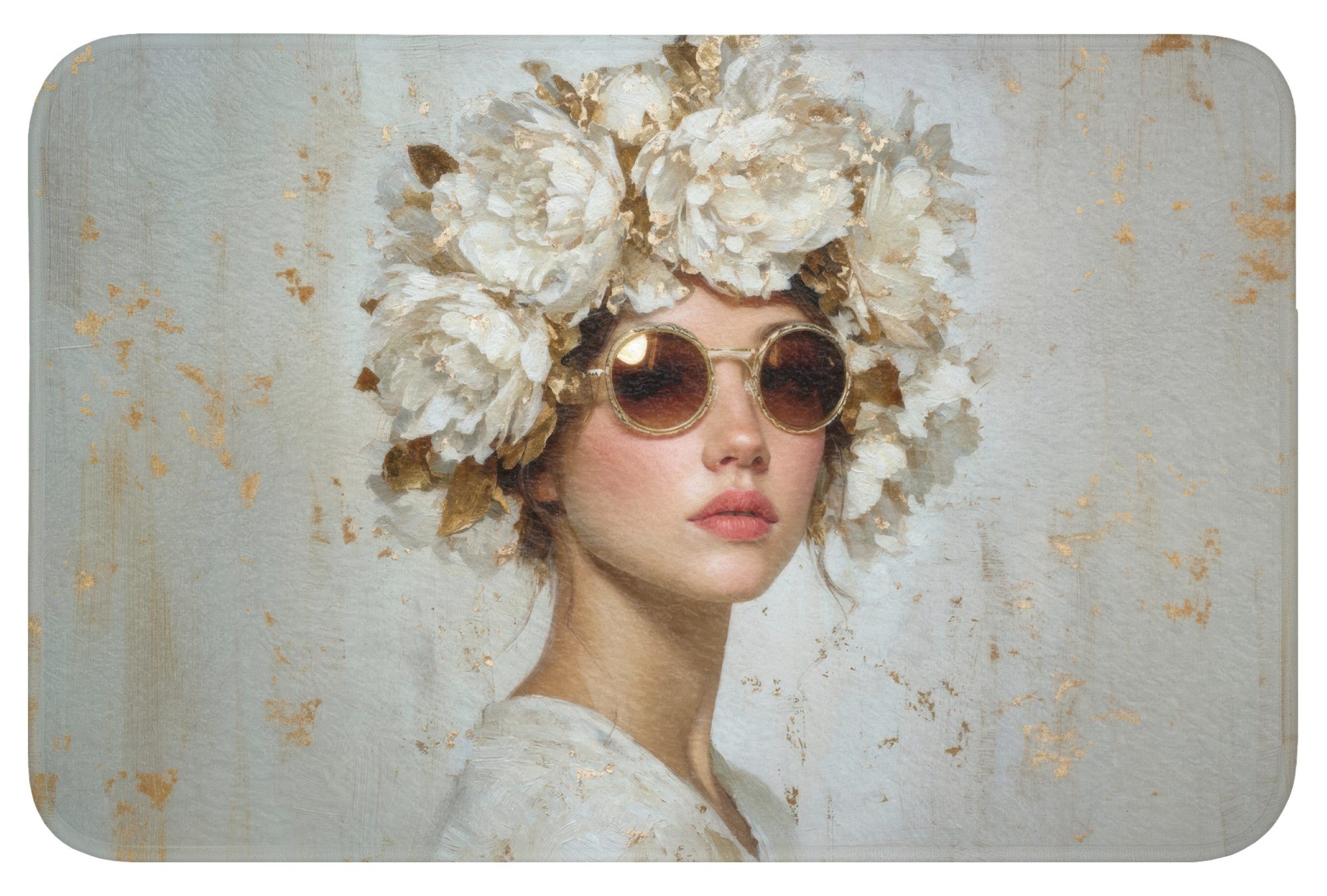OnlyWow Badematte Kunstdrucke - Frau - Sonnenbrille - Blumenkranz, Höhe 10 mm, Polyester, Rechteckig, Badezimmerteppich, Badteppich, Rutschfest, Badvorleger, Waschbar