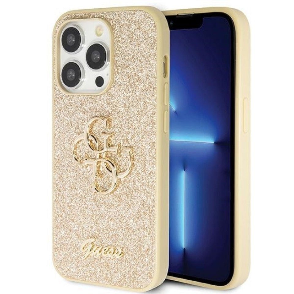 Guess Handyhülle Case iPhone 14 Pro Max goldfarbiges Logo Glitter  Kunststoff 6,7 Zoll, Kantenschutz