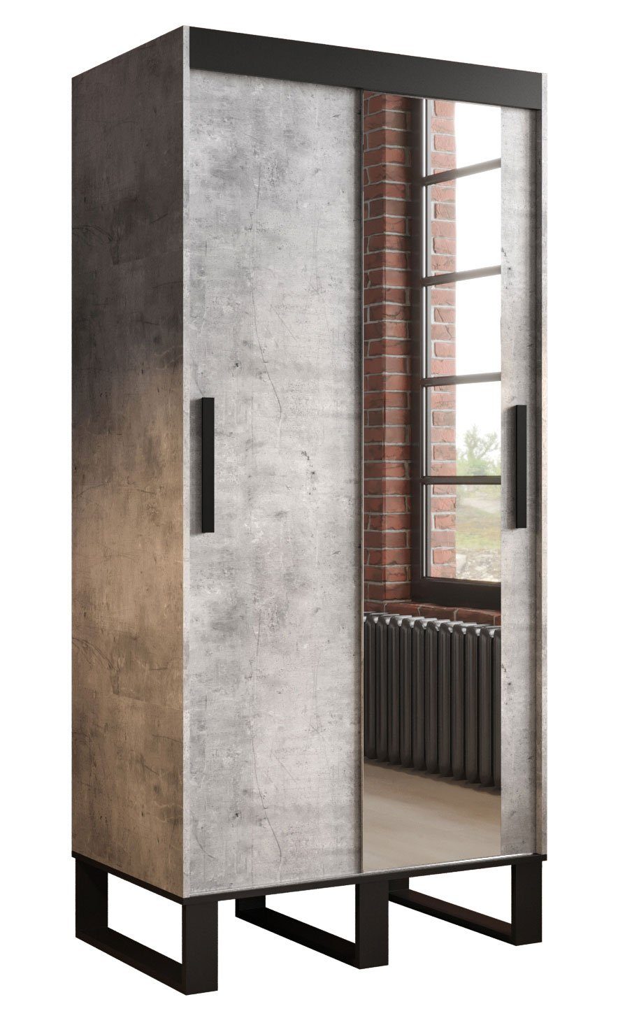 beton Breite mit Schubladen (Loft) Schiebetürenschrank / schwarz wählbar Feldmann-Wohnen Spiegel Loft und