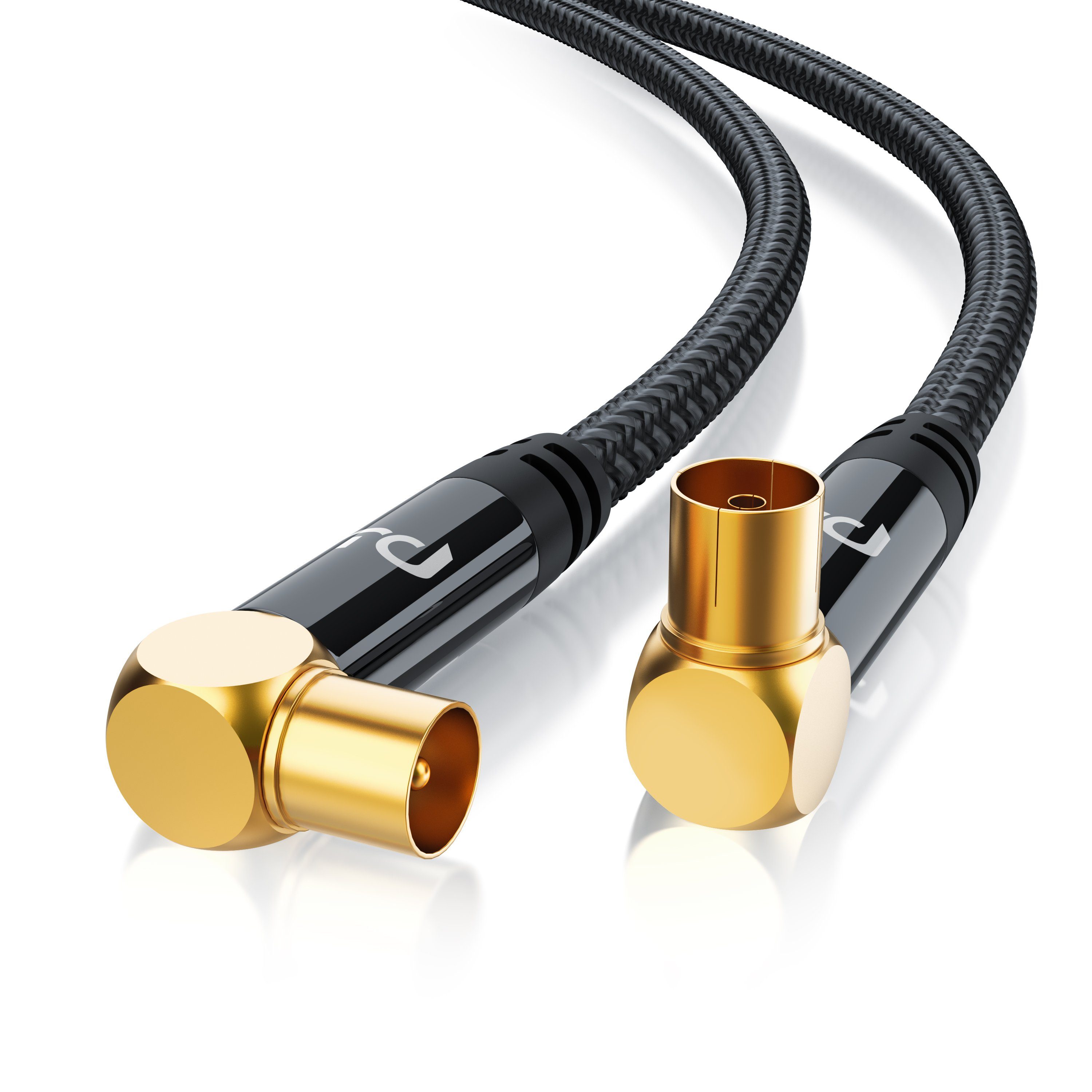 Primewire HDTV Antennenkabel gewinkelt, 2-fach Schirmung, 75 Ohm / 135 dB - 7,5m TV-Kabel, Koax, RF Buchse, IEC Stecker (750 cm), Koax, vergoldete Metallstecker, für Kabelfernsehen, Receiver und Radio