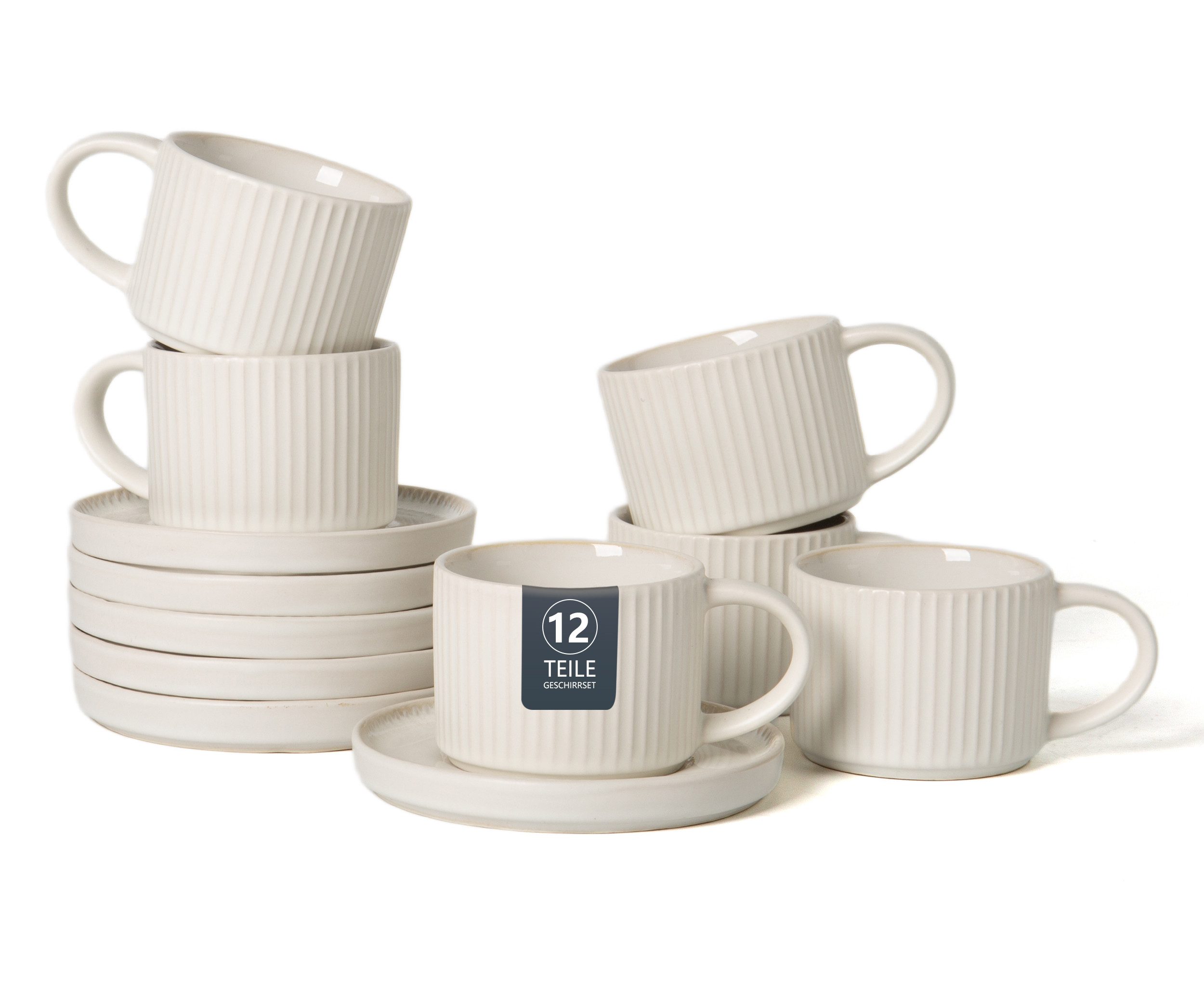 OTTO home Espressotasse Ylvii, 12er Set, bestehend aus 6 Tassen + 6 Untertassen, 12-tlg., Steinzeug, für 6 Personen, spülmaschinenfest und mikrowellengeeignet, 90 ml