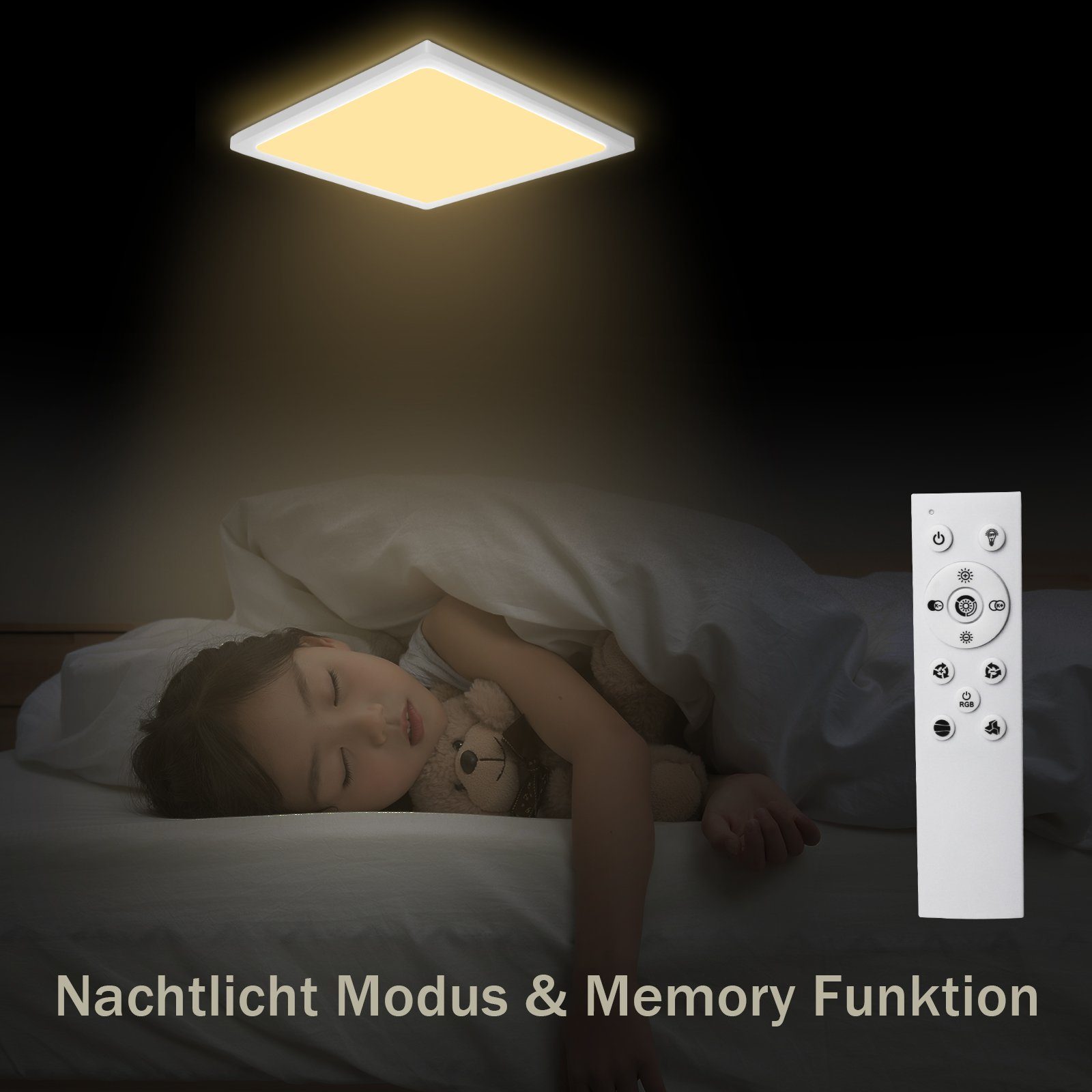 ZMH LED Deckenleuchte IP44 LED warmweiß_kaltweiß, fest mit Fernbedienung, 28W 3000K-6500K, weiß integriert, Flach Dünn Quadratisch, RGB Deckenlampe