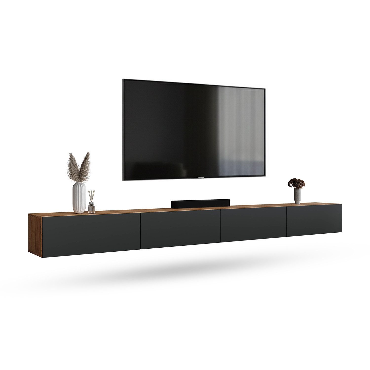 Planetmöbel TV-Schrank West TV-Board, Fernsehtisch 320 cm lang, TV-Lowboard (für Fernseher bis 75 Zoll, TV Schrank viel Stauraum, 2-St., sideboard hängend, Fernsehschrank 2x 160 x 30 x 37,5 cm) gold eiche - anthrazit