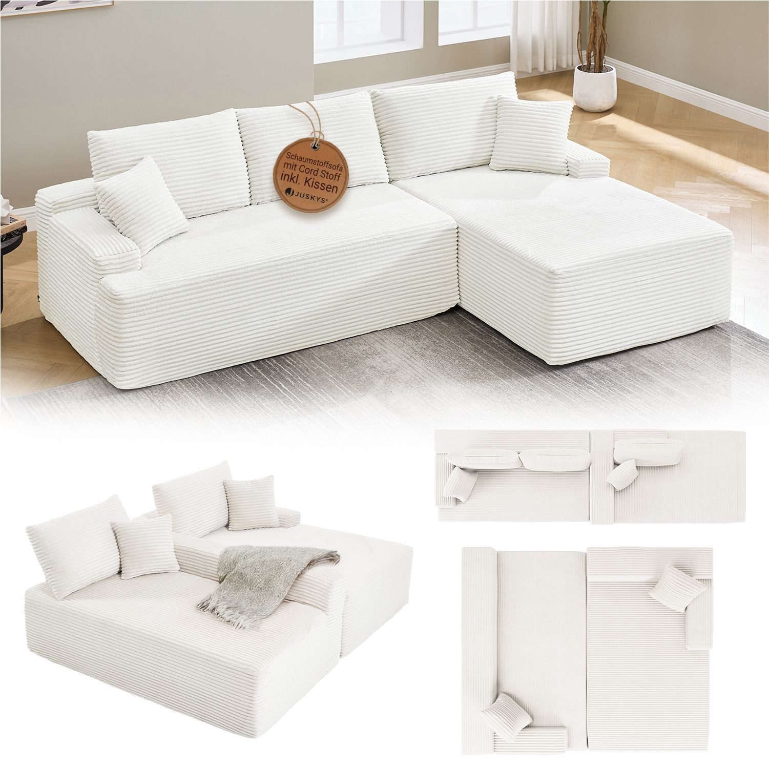 Juskys Ecksofa Coredo, Ecksofa, mit Rücken- & Dekokissen, Cordbezug, Modular platzierbar
