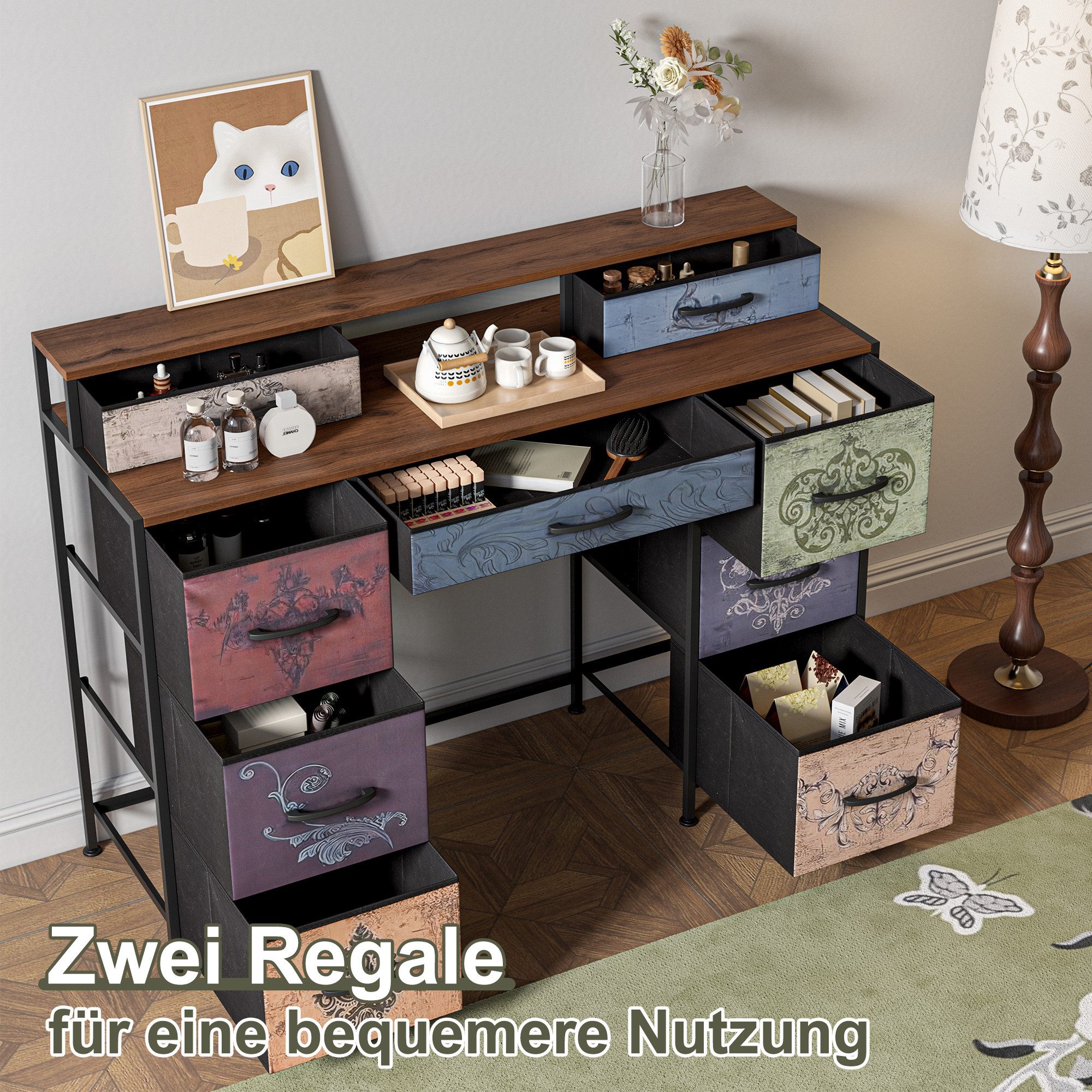 Simurq Schminktisch Vintage‑Schminktisch mit 9 Schubladen, Holzplatte, Metallgestell – Bild 5 von 5