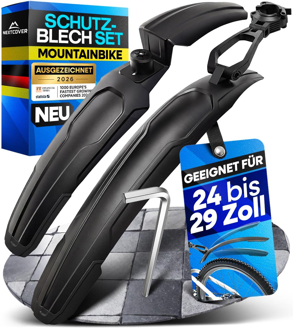 Nextcover Schutzblech Set vorne & hinten, abnehmbar, für MTB 24 bis 29 Zoll, Schnellspanner