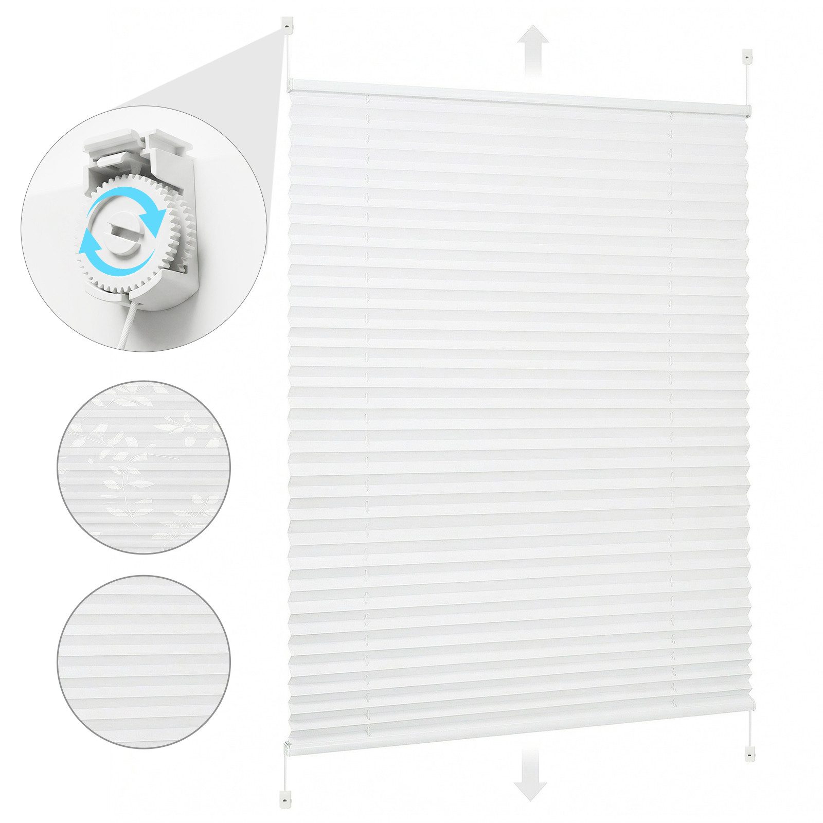 Sekey Plissee Plissee ohne Bohren – Klemmfix Fenster Plissee verstellbarer Spannung, freihängend, Klemmfix, 4 Schnurspanner zur Anpassung, verstärkten 1,5 cm Alu-Schiene, Weiß